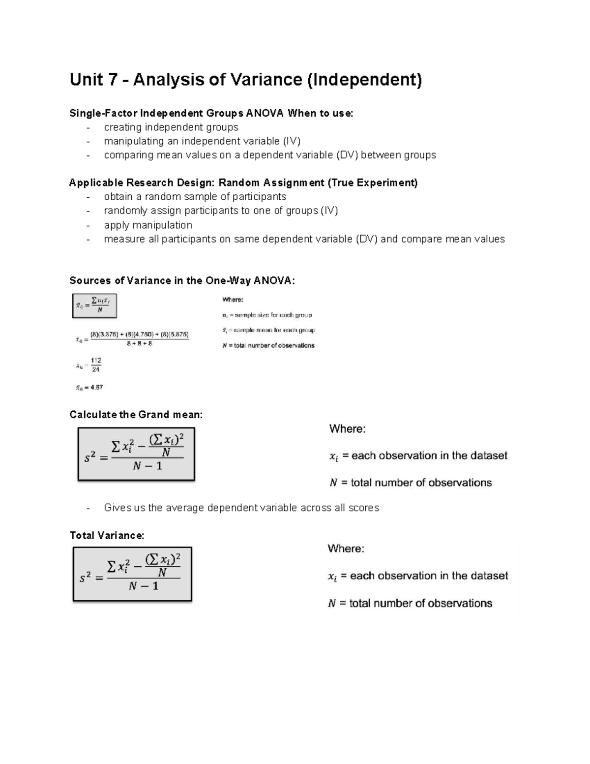 Unit 7 - Independent Groups ANOVA: Understanding Variance Analysis ...