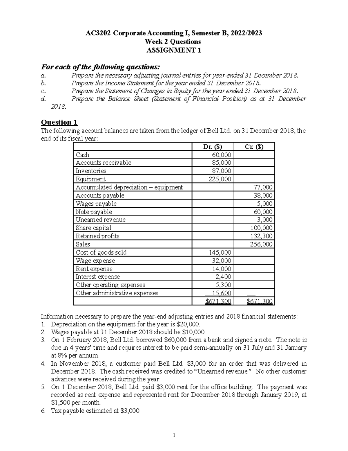 Lecture 2 Example Questions Assignment 1 - AC3202 Corporate Accounting ...