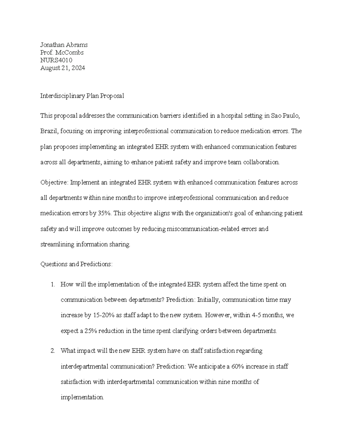 NURS4010 Interdisciplinary Plan Proposal for EHR Implementation - Studocu