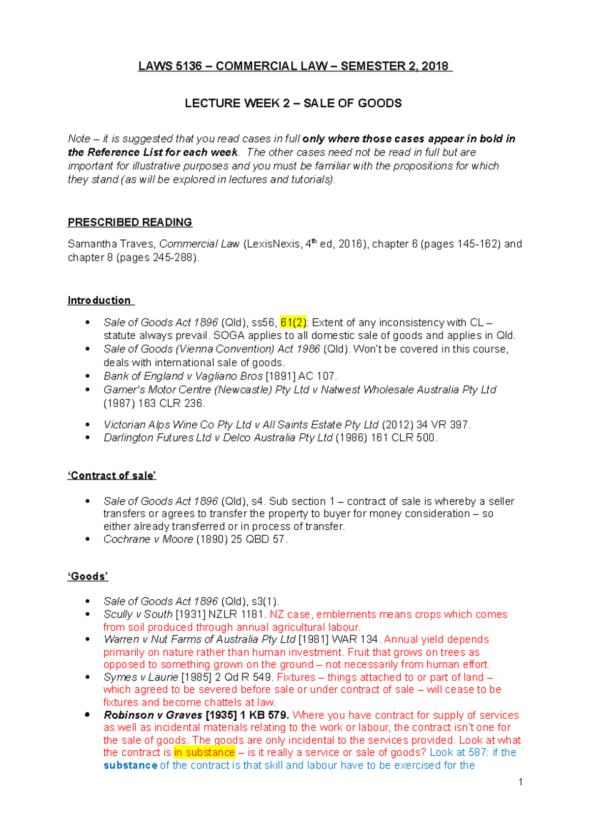 Lecture 2 Notes on Sale of Goods - LAWS5136 Commercial Law - Studocu