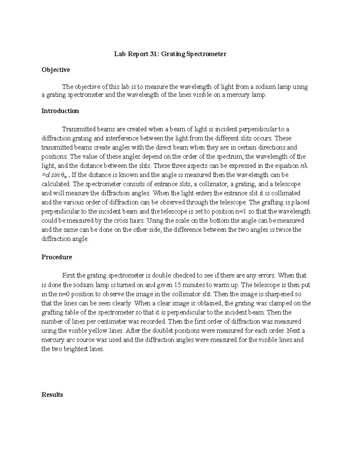 Physics Lab 31: Grating Spectrometer Analysis Report - Studocu