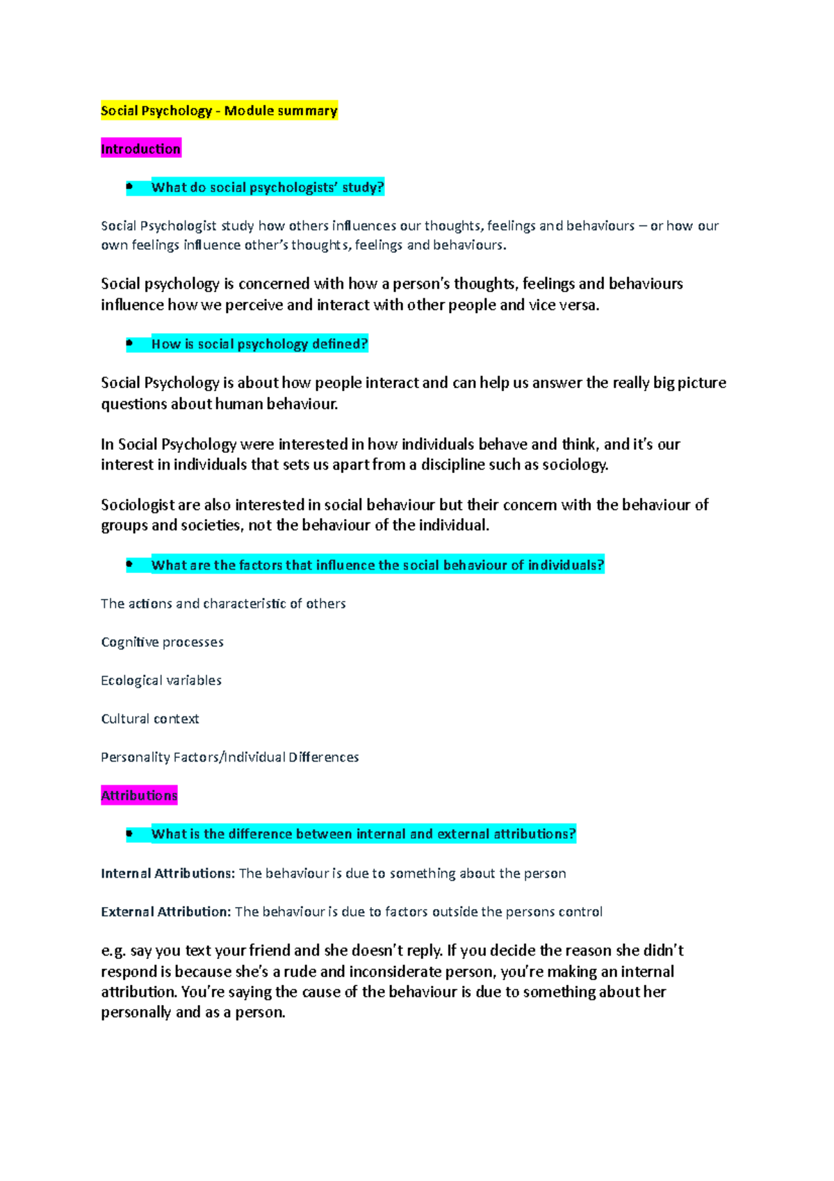 Exam Module Revision - Social Psychology - Module summary Introduction ...