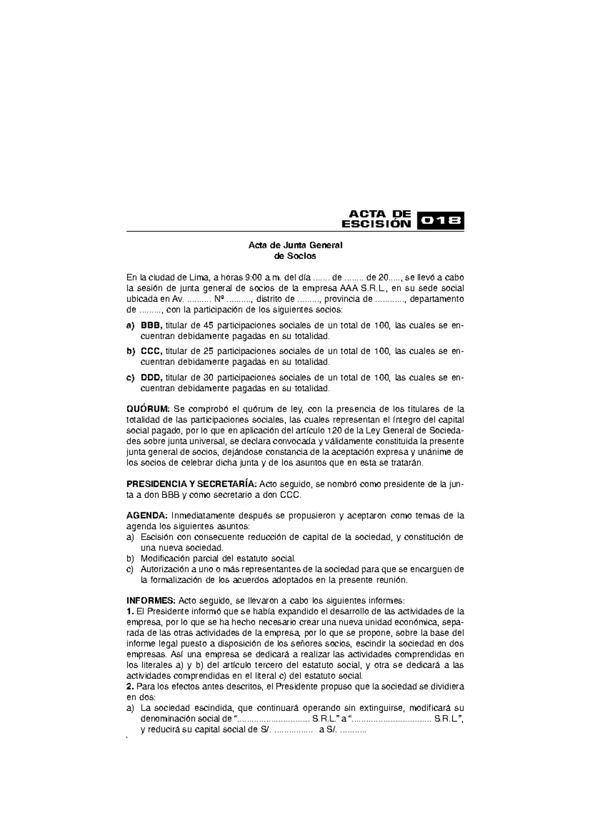 ACTA DE ESCISIÓN DE SOCIEDADES - AAA S.R.L. - Document Preview