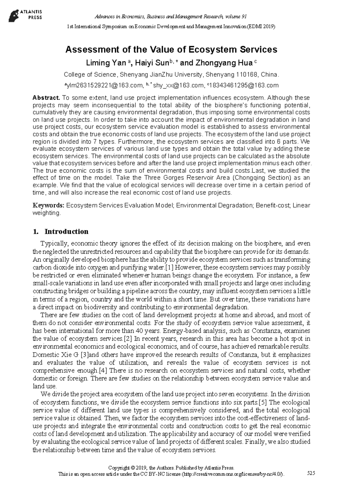 Assessment of Ecosystem Services Value in Land Use Projects (EDMI 2019 ...