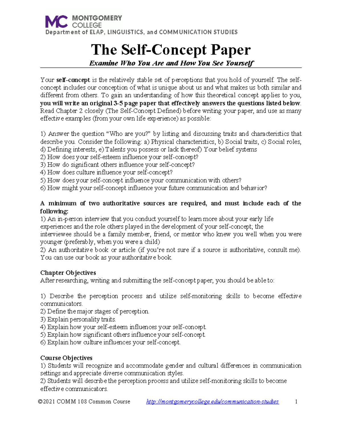 Self-Concept Paper for COMM 108: Understanding Personal Identity and ...