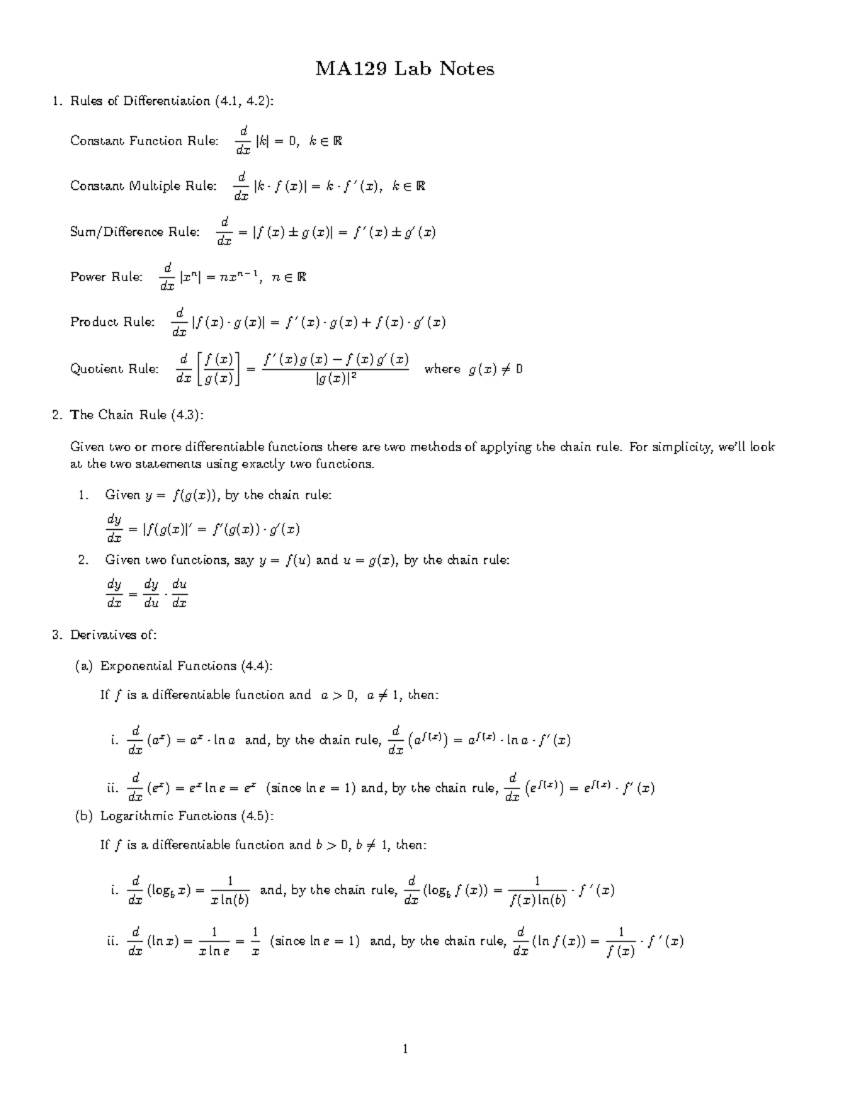 MA129 Lab Notes: Differentiation Rules and Chain Rule Overview - Studocu