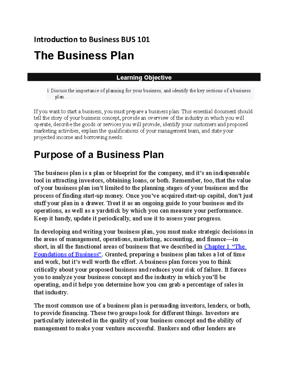Business Plan Overview for Introduction to Business BUS 101 - Studocu