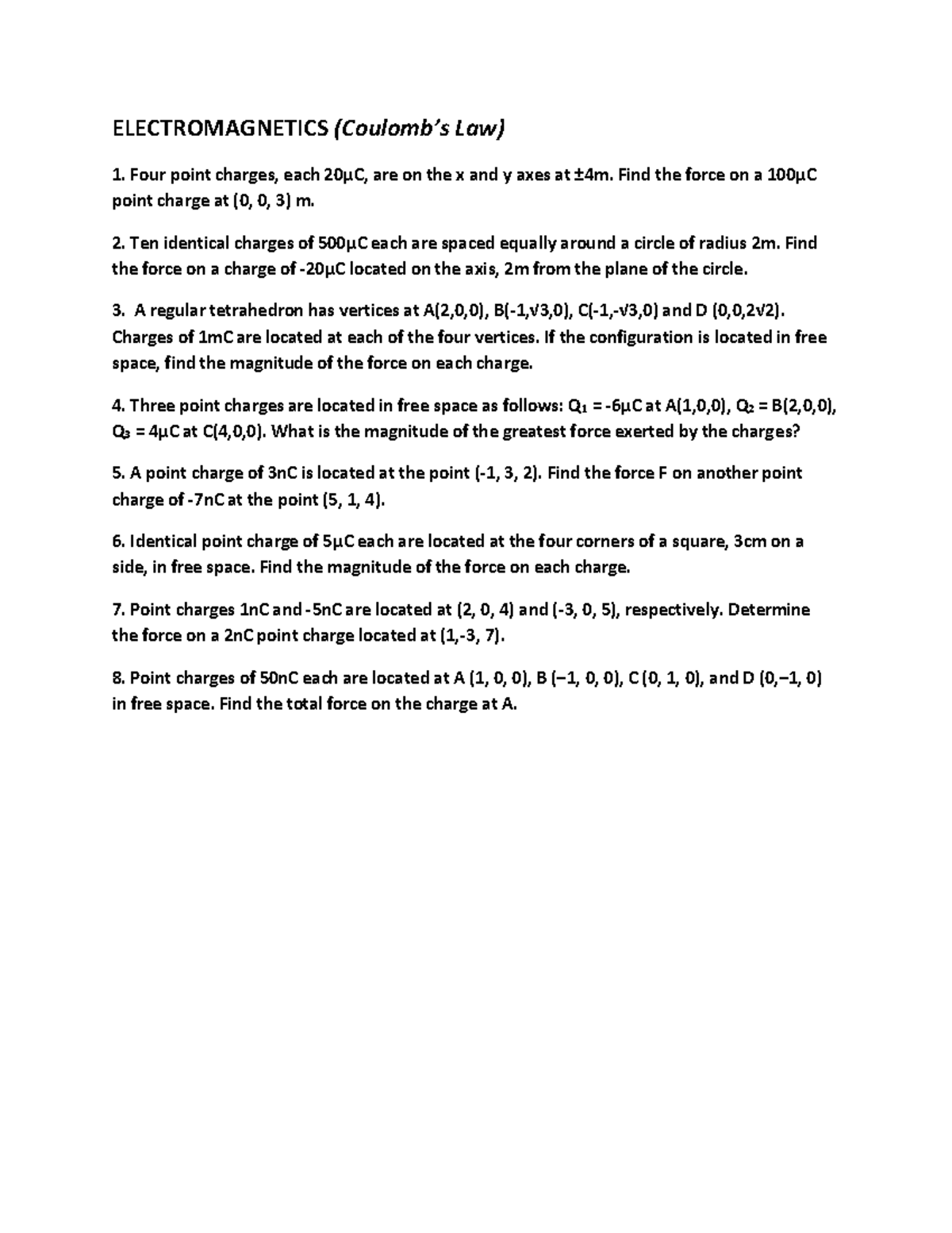 Emags Coulomb's Law Exercises-1084 - ELECTROMAGNETICS (Coulomb’s Law ...