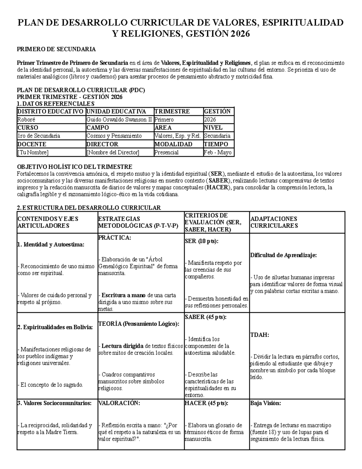 PDC Valores, Espiritualidad y Religiones - Gestión 2026 - Primer Trimestre - Document Preview