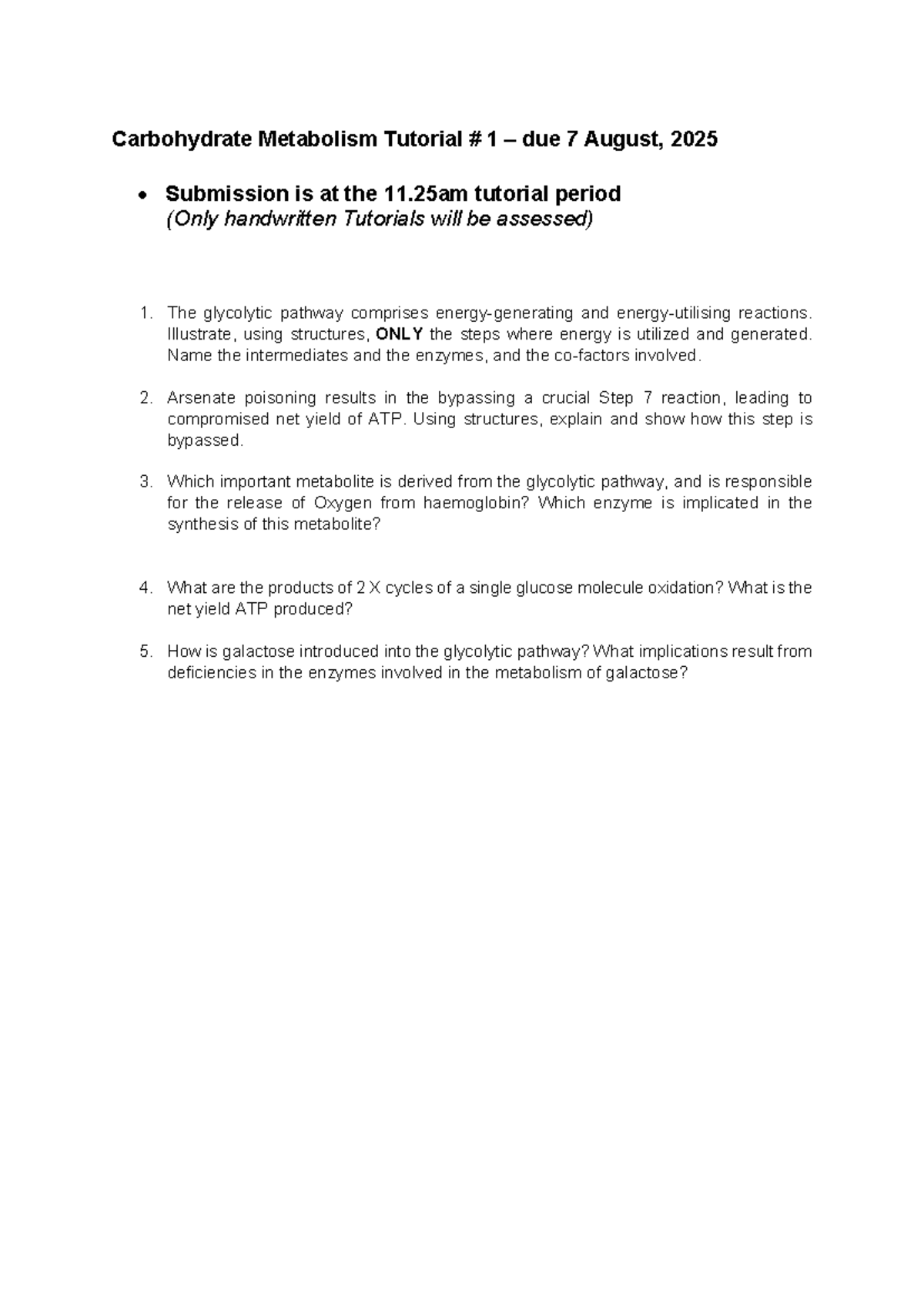 Carbohydrate Metabolism Tutorial 1 (2026) - Key Concepts & Questions ...