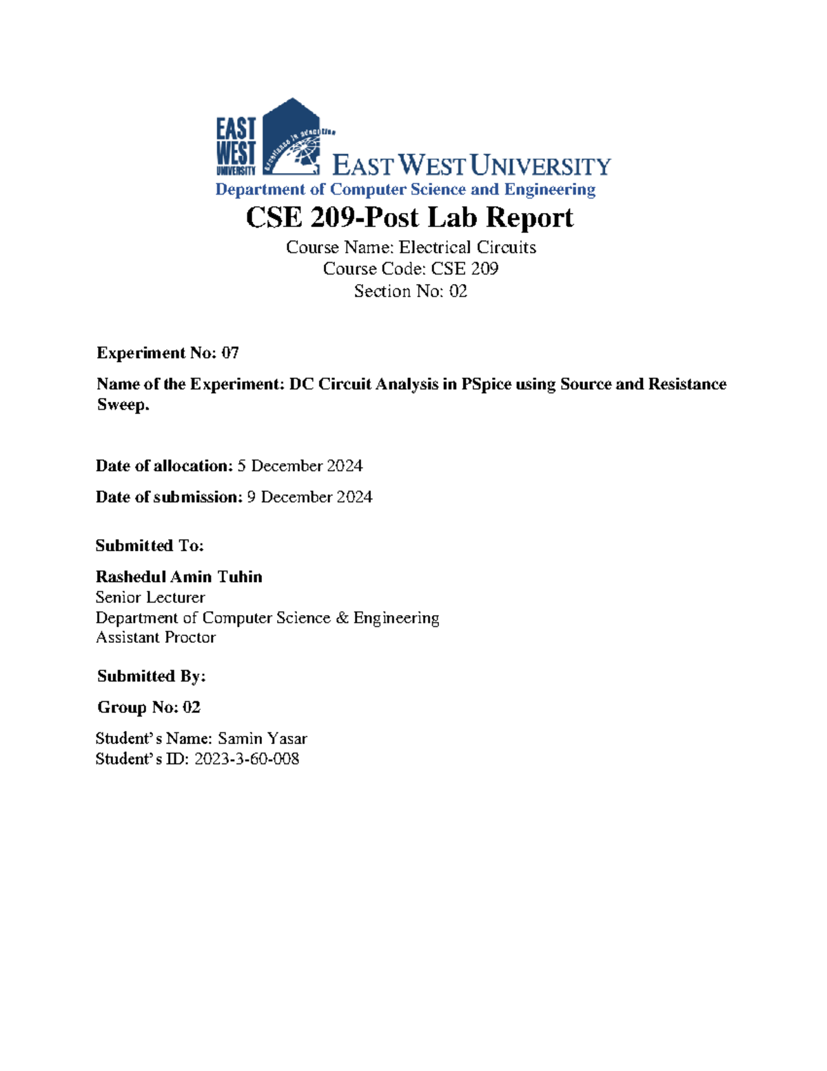 CSE209 Lab7 Post Lab Report - Department of Computer Science and ...