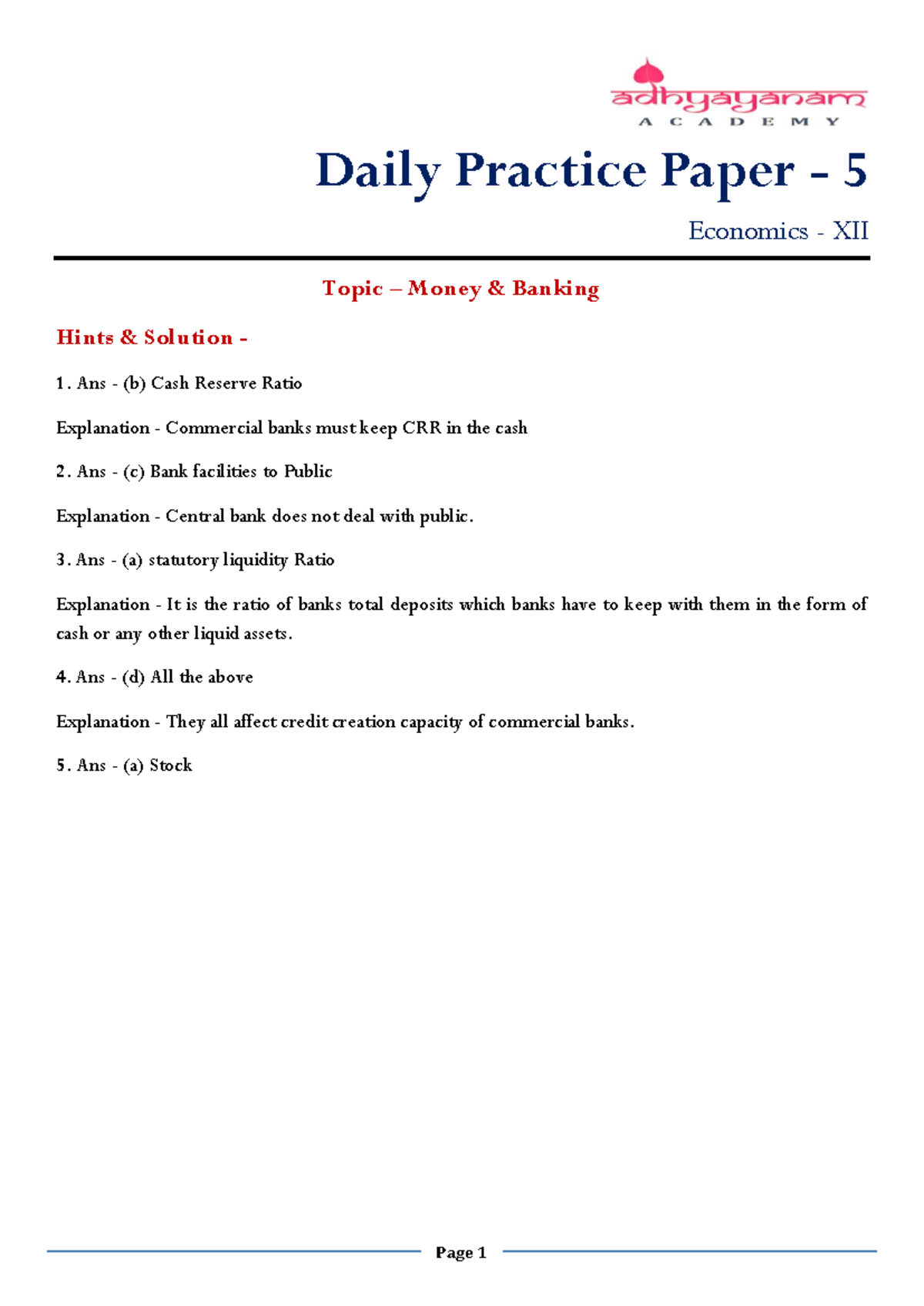 5. DPP - Money & Banking - Sol - Page 1 Daily Practice Paper - 5 ...