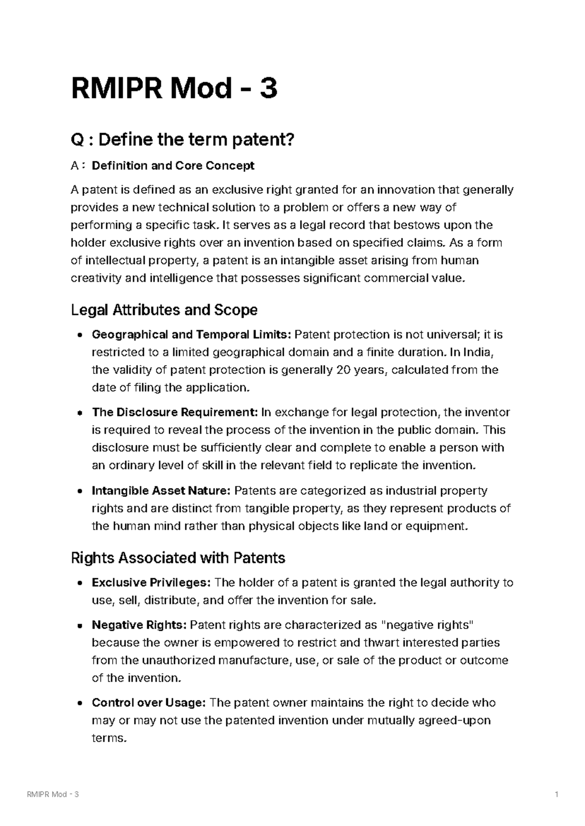 RMIPR Mod 3 - Key Concepts and Q&A on Patents and Intellectual Property ...