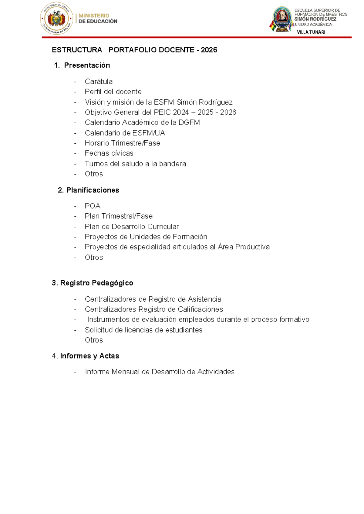 Estructura del Portafolio Docente 2026 - ESFM Simón Rodríguez - Studocu