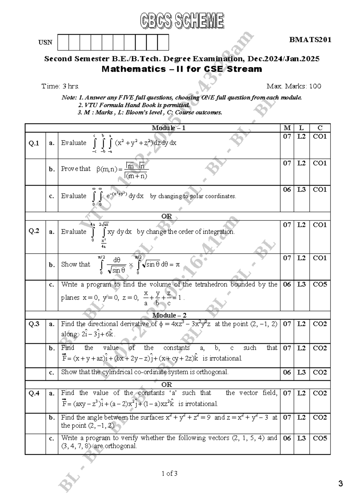CSE BMATS201 2nd Sem Mathematics II Final Exam Question Paper - Studocu