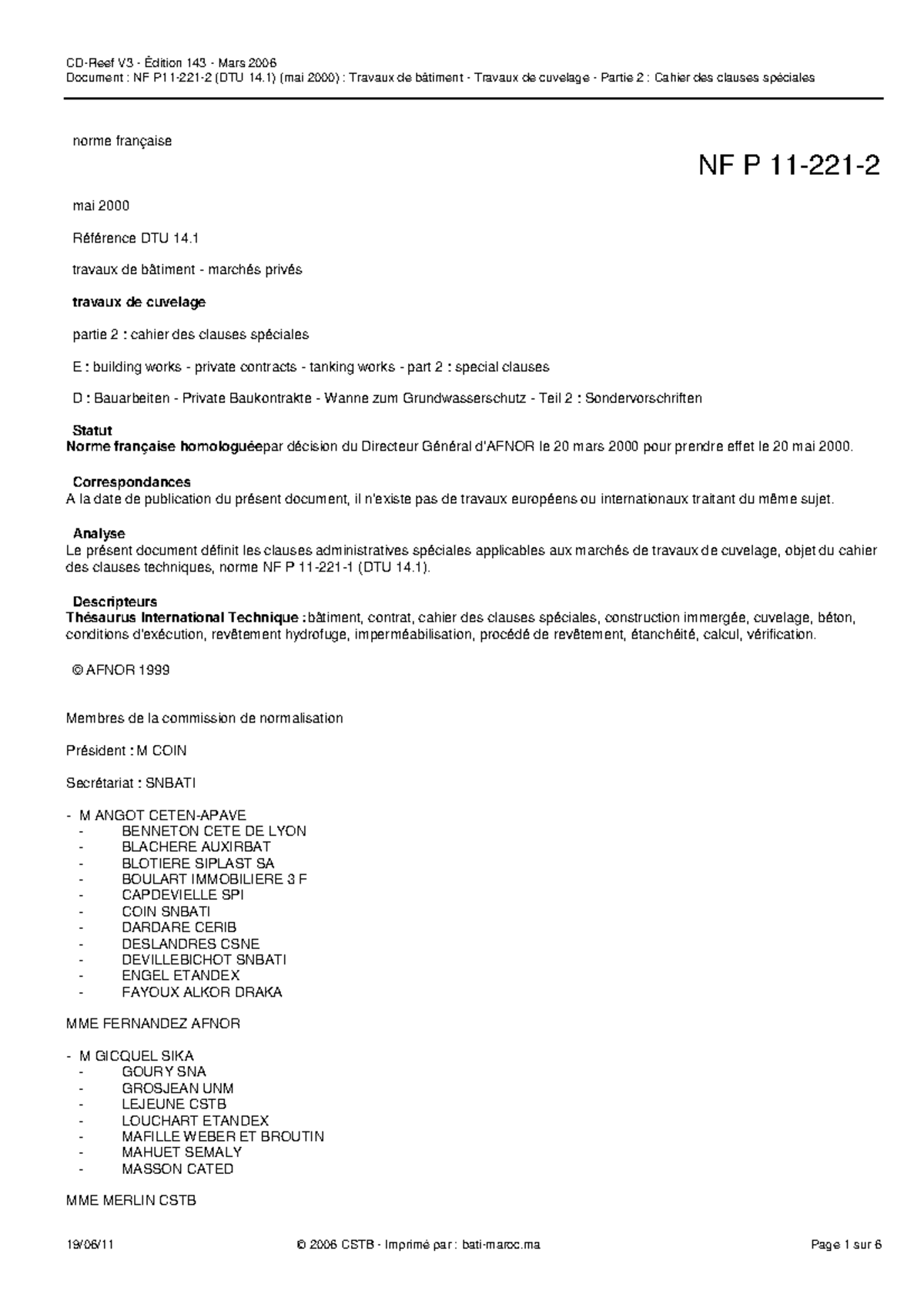 DTU 14.1 - Cahier des Clauses Spéciales pour Travaux de Cuvelage - Studocu