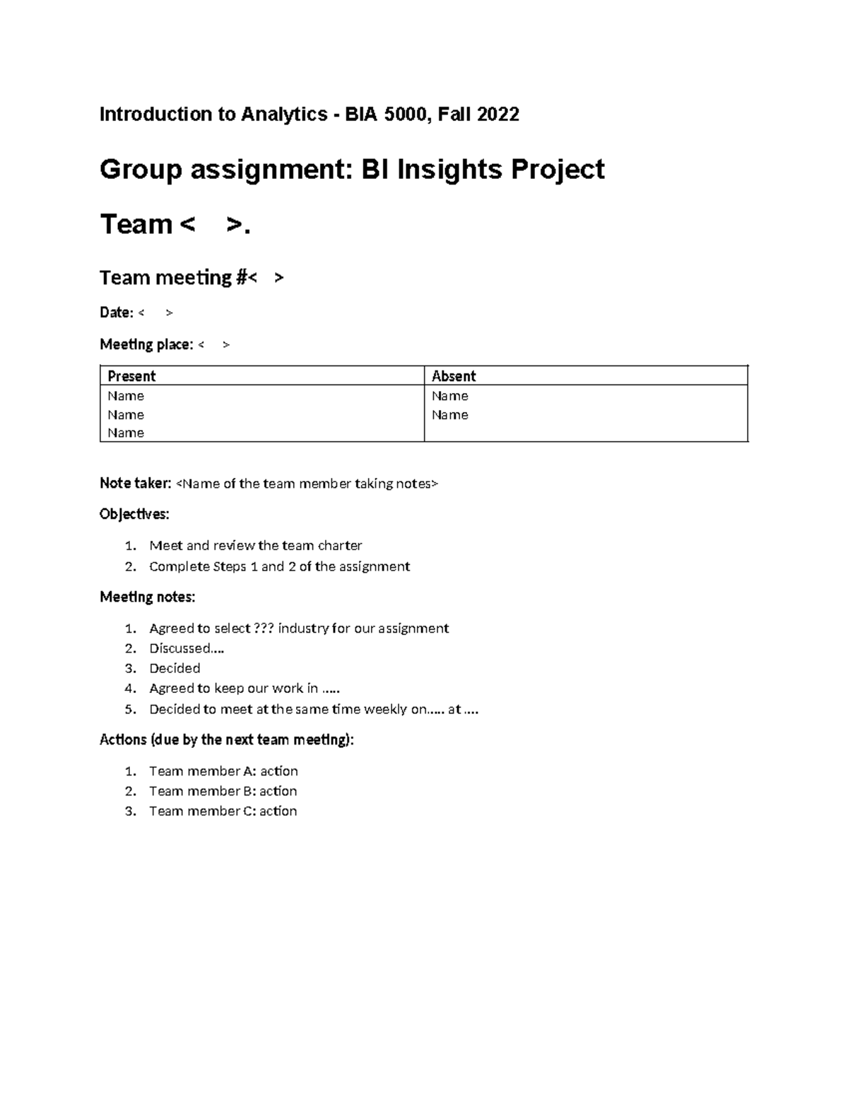 Meeting notes template - Introduction to Analytics - BIA 5000, Fall ...