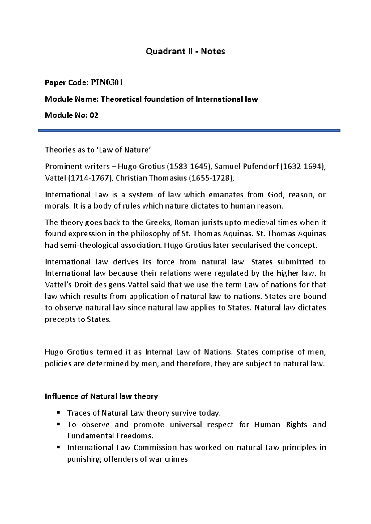PIN 02: Theoretical Foundations of International Law - Key Notes - Studocu