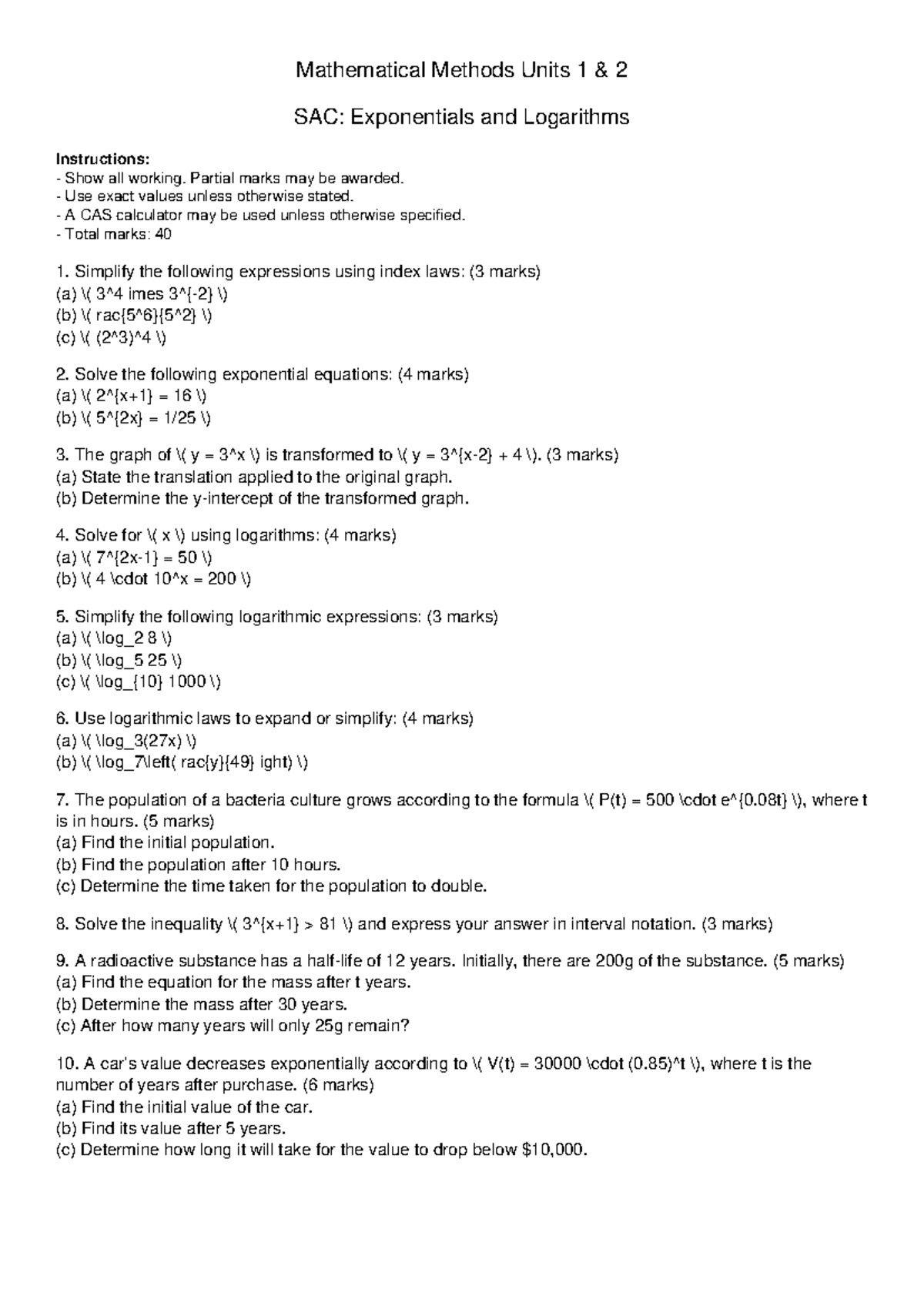 Mathematical Methods Units 1 2 SAC: Exponentials & Logarithms Guide ...