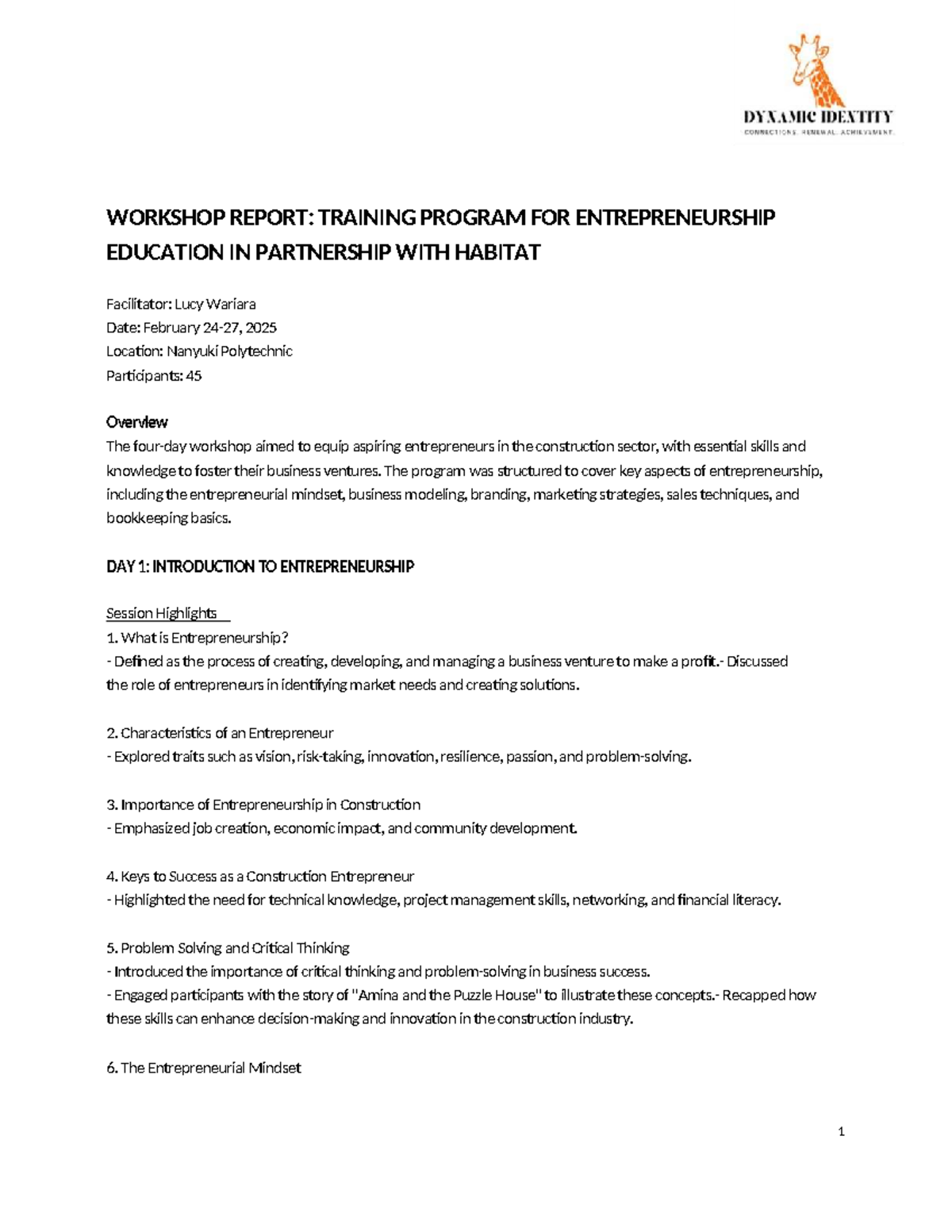 Workshop Report: Entrepreneurship Training Program with Habitat ...