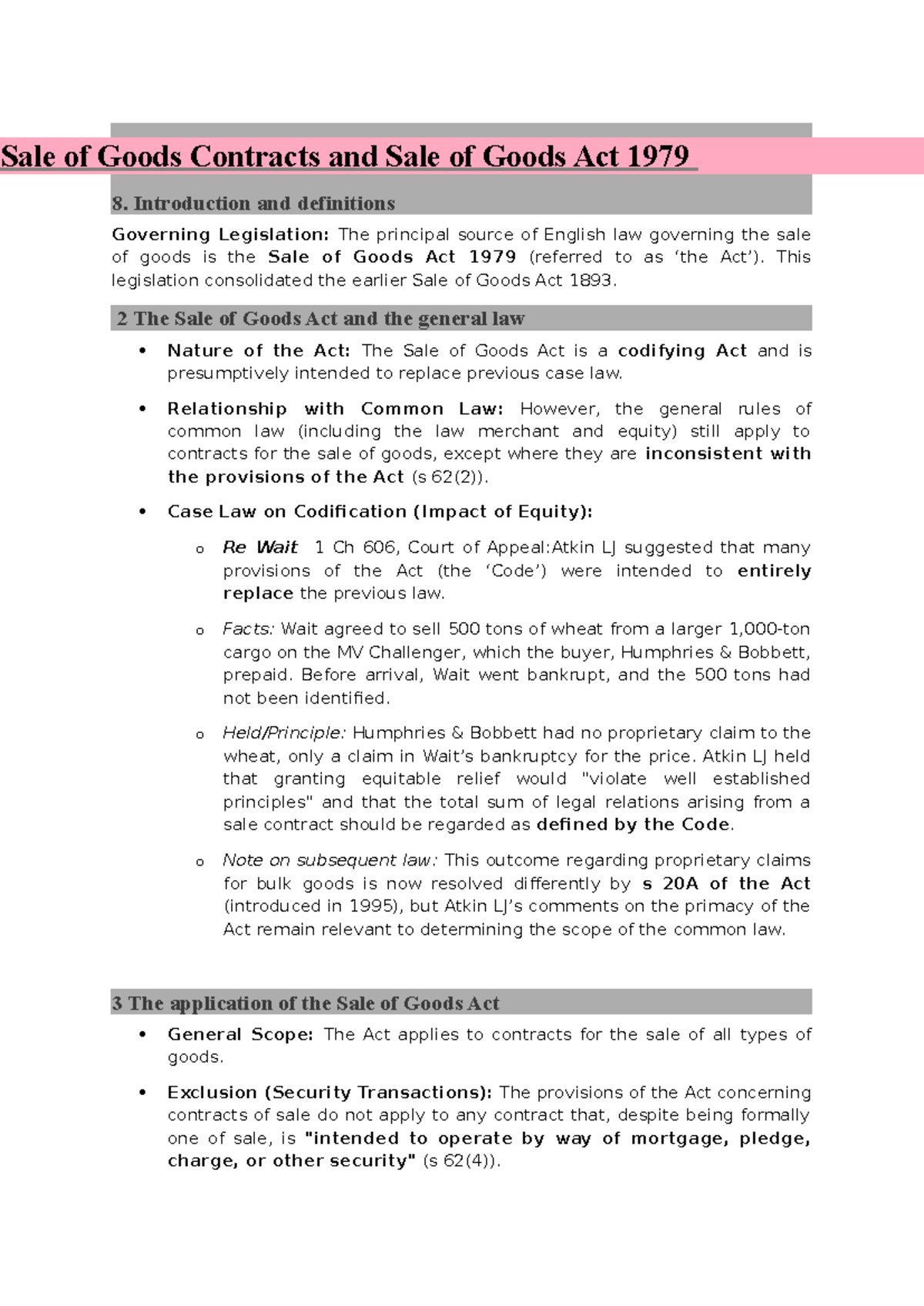 EXAM Notes - Sale of Goods Act 1979: Key Concepts and Case Law - Studocu