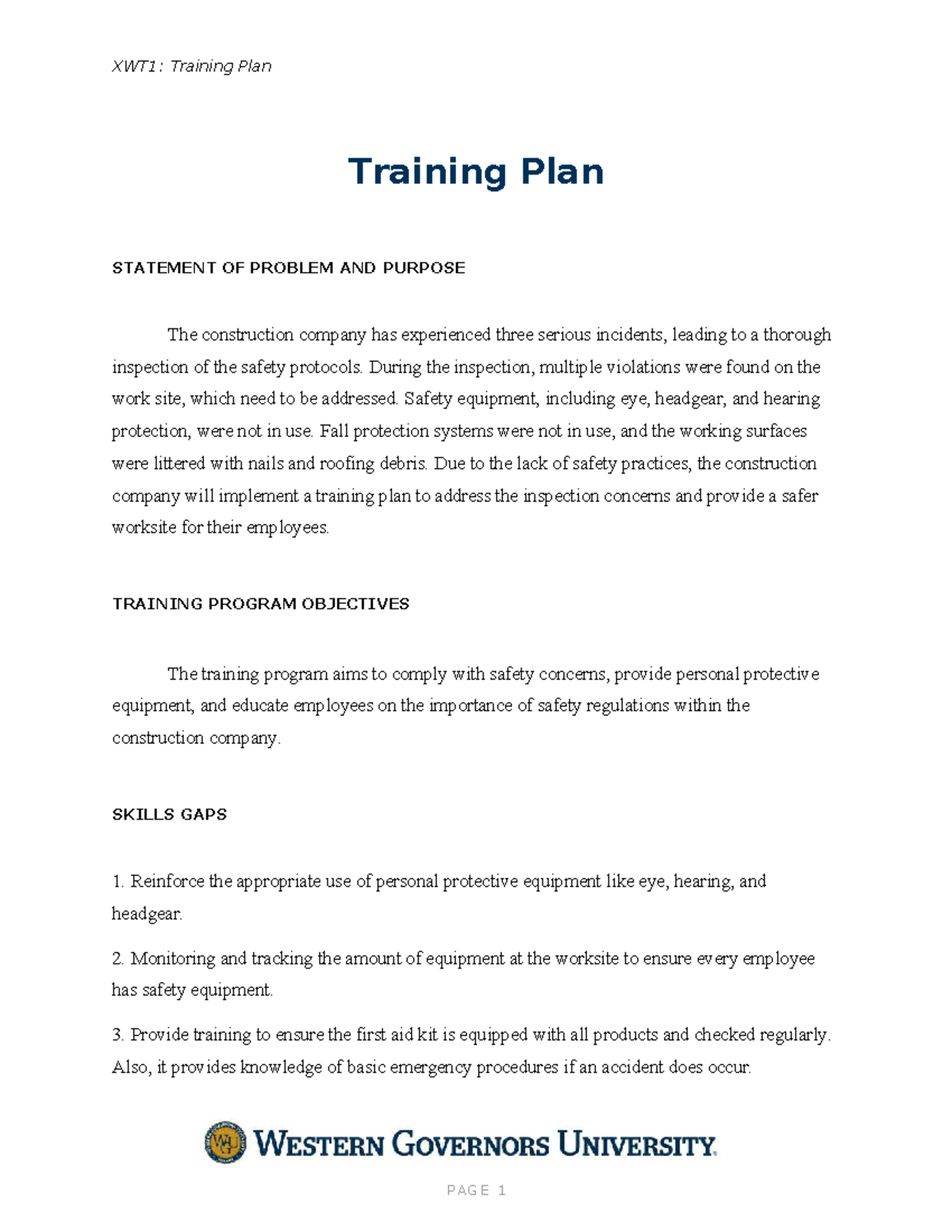 XWT1: Training plan for improving safety protocols in construction ...