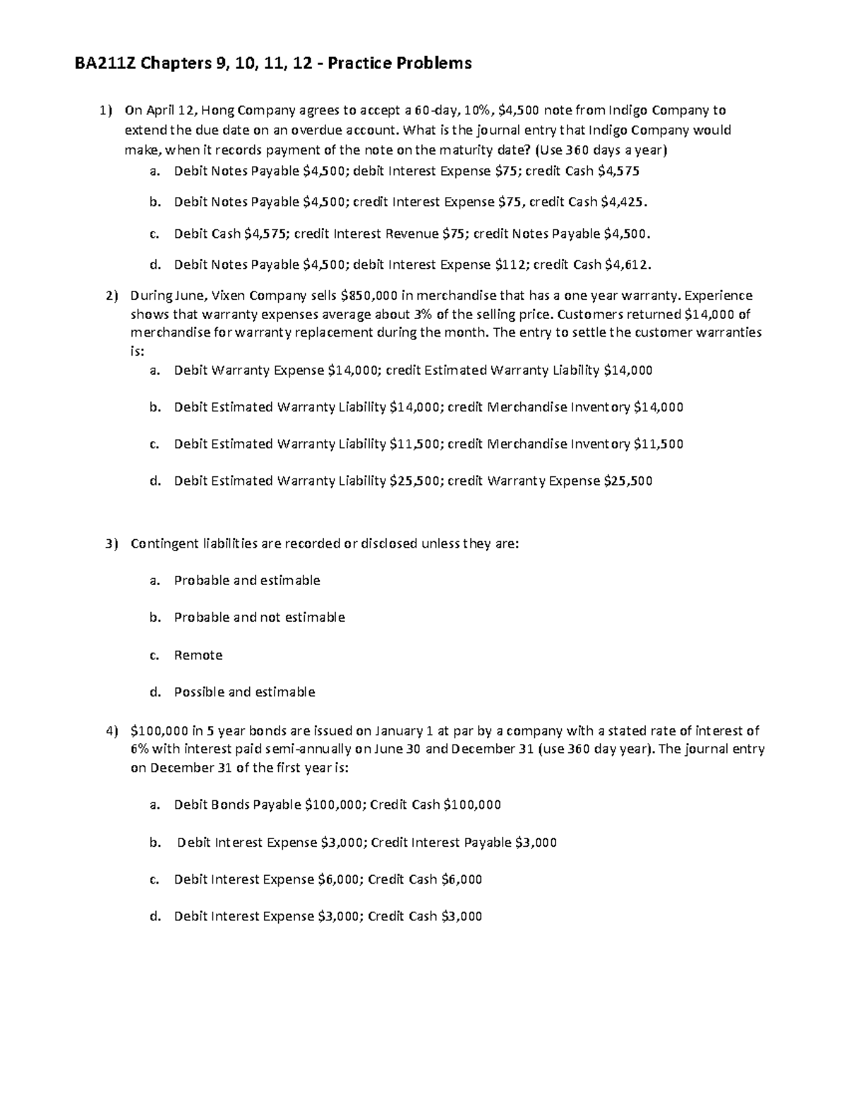 BA211Z Practice Problems for Chapters 9-12: Accounting Concepts - Studocu