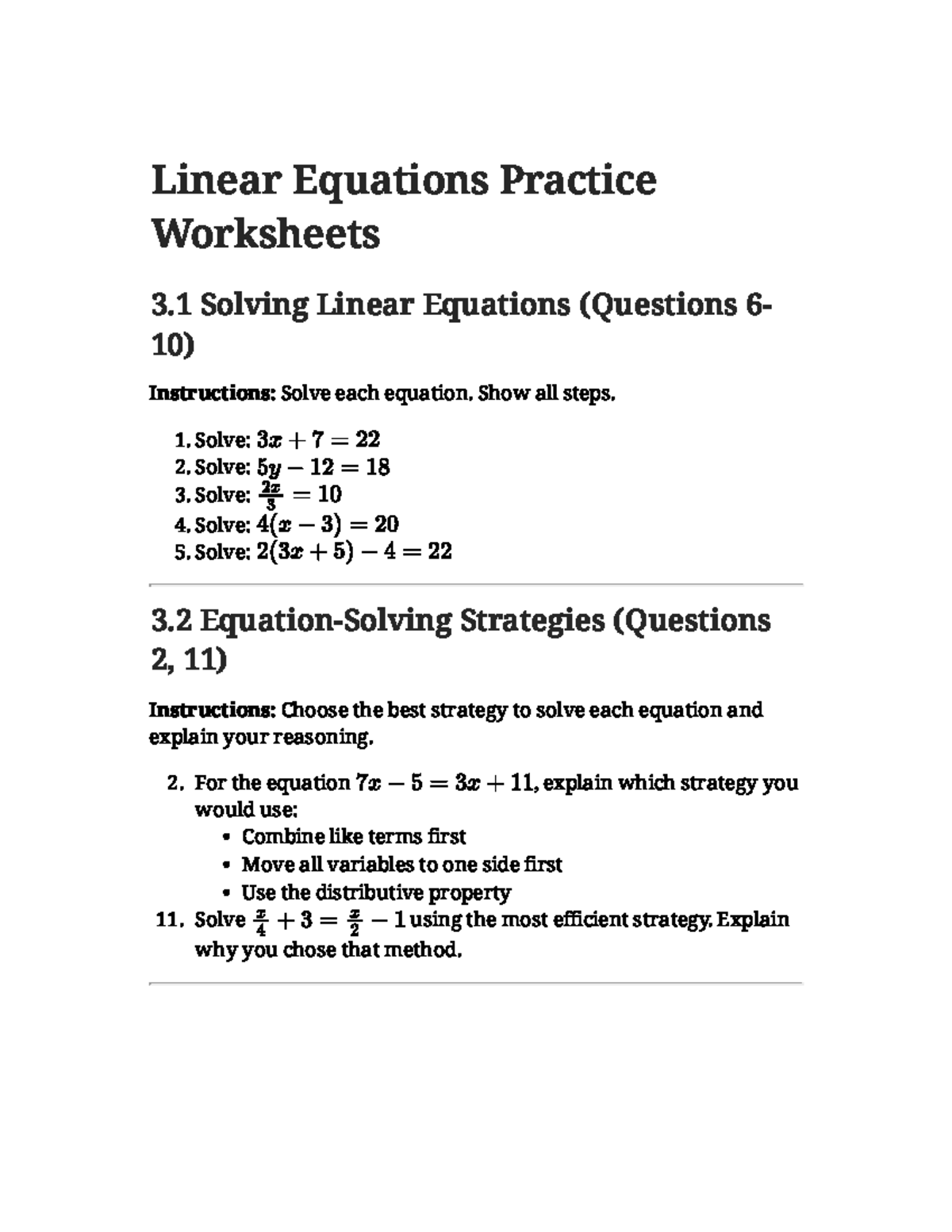 Grade 9 Linear Equations Practice Worksheets (3.1 - 3.5) - Studocu