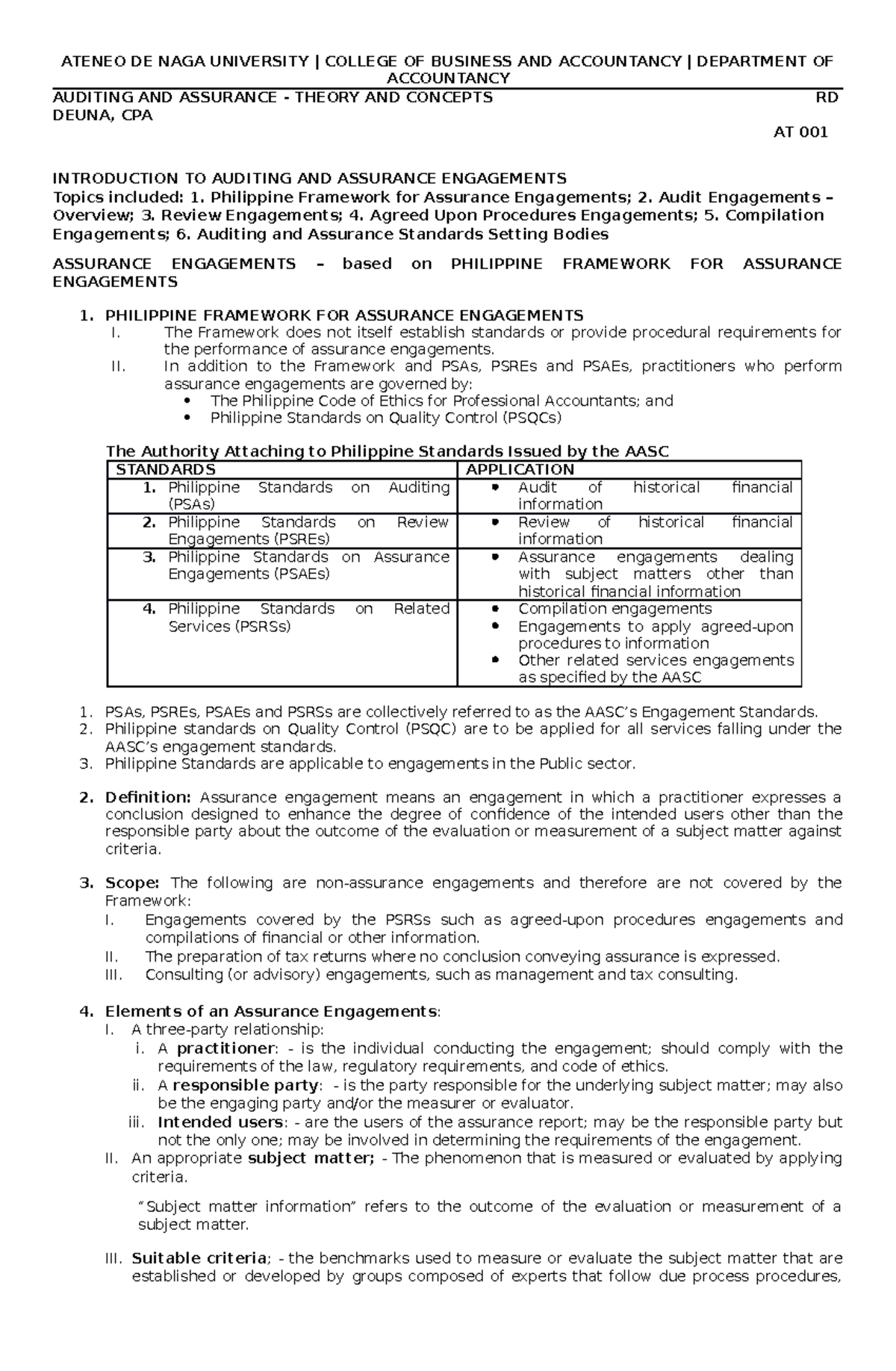 AUT - 001 Introduction to Auditing & Assurance Engagements Notes - Studocu