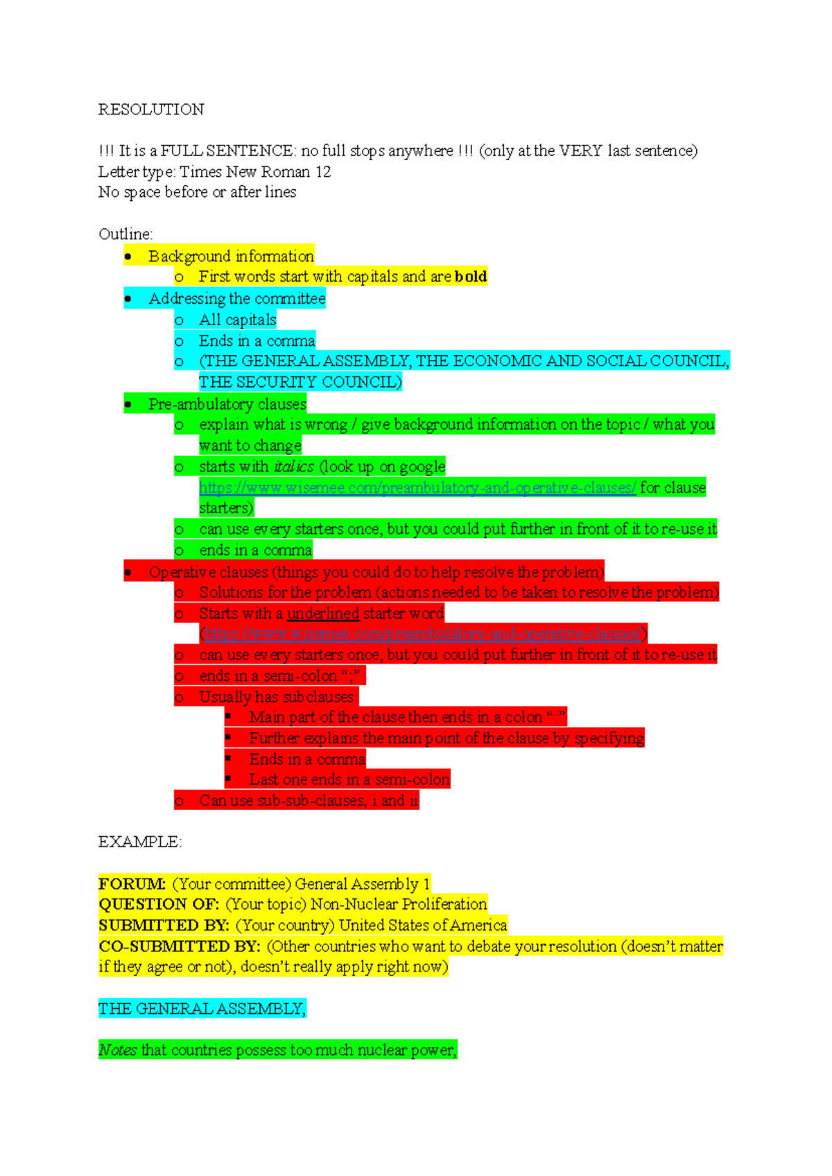 Resolution Format for Opening Speech in General Assembly - Studeersnel