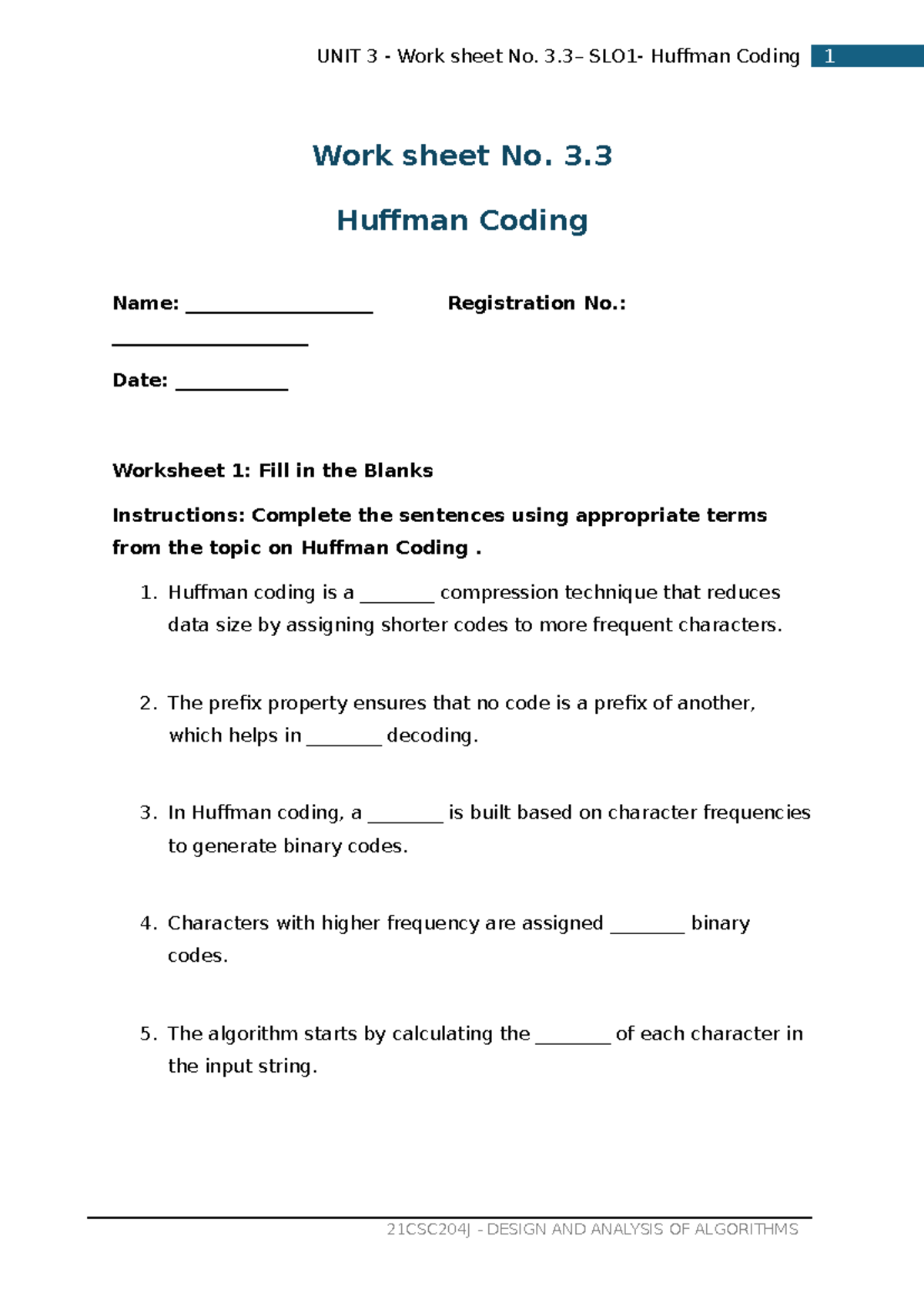 21CSC204J Unit 3 Worksheet: Huffman Coding Exercises - Studocu