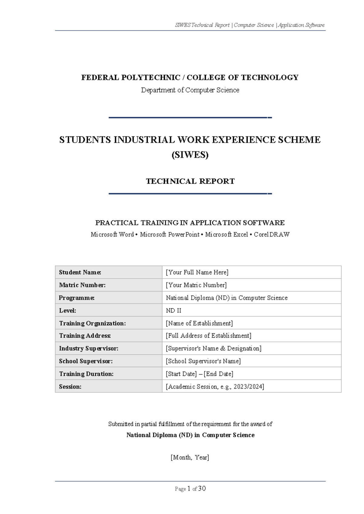 SIWES Technical Report: Practical Training in Application Software (ND ...