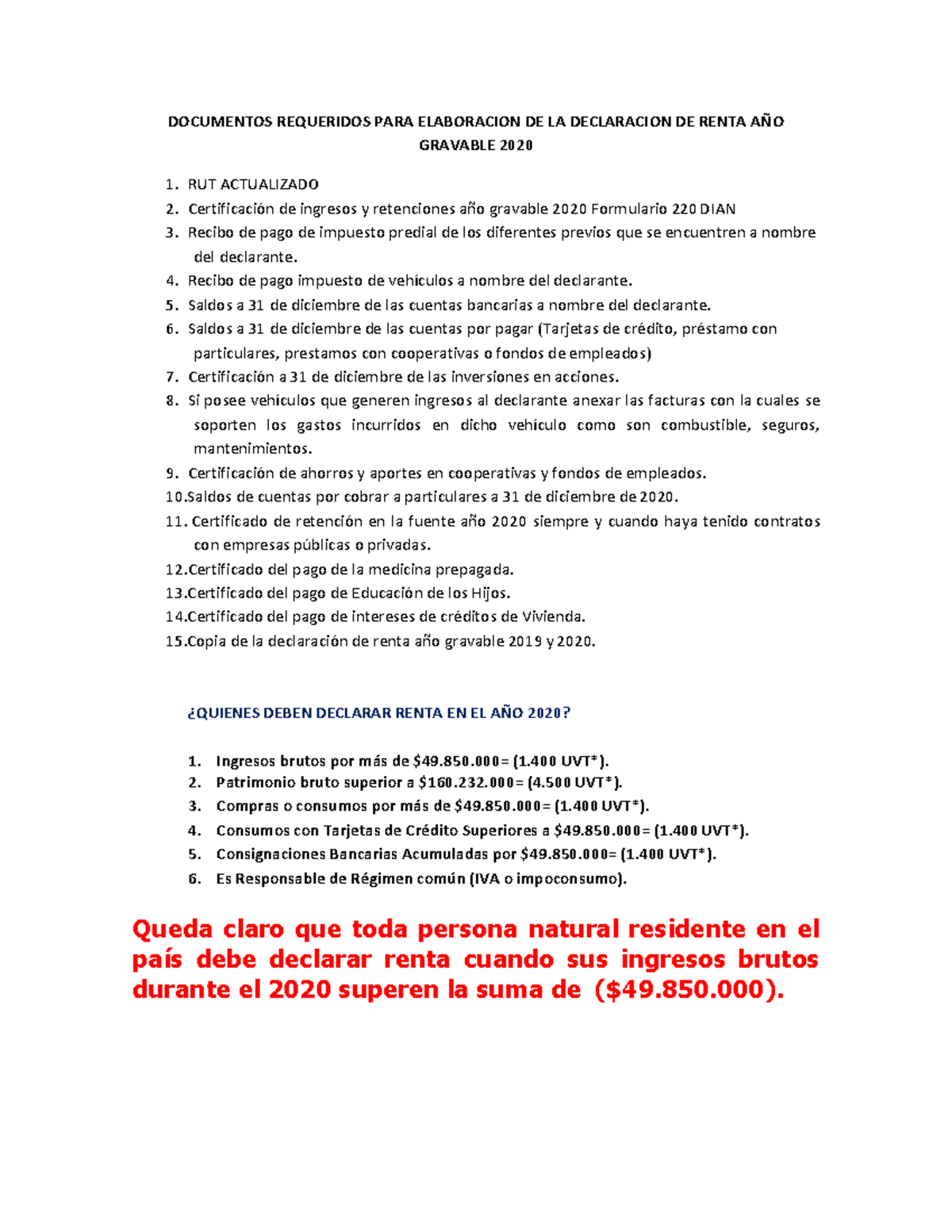 Documentos Requeridos PARA Elaboracion DE LA Declaracion DE Renta AÑO ...