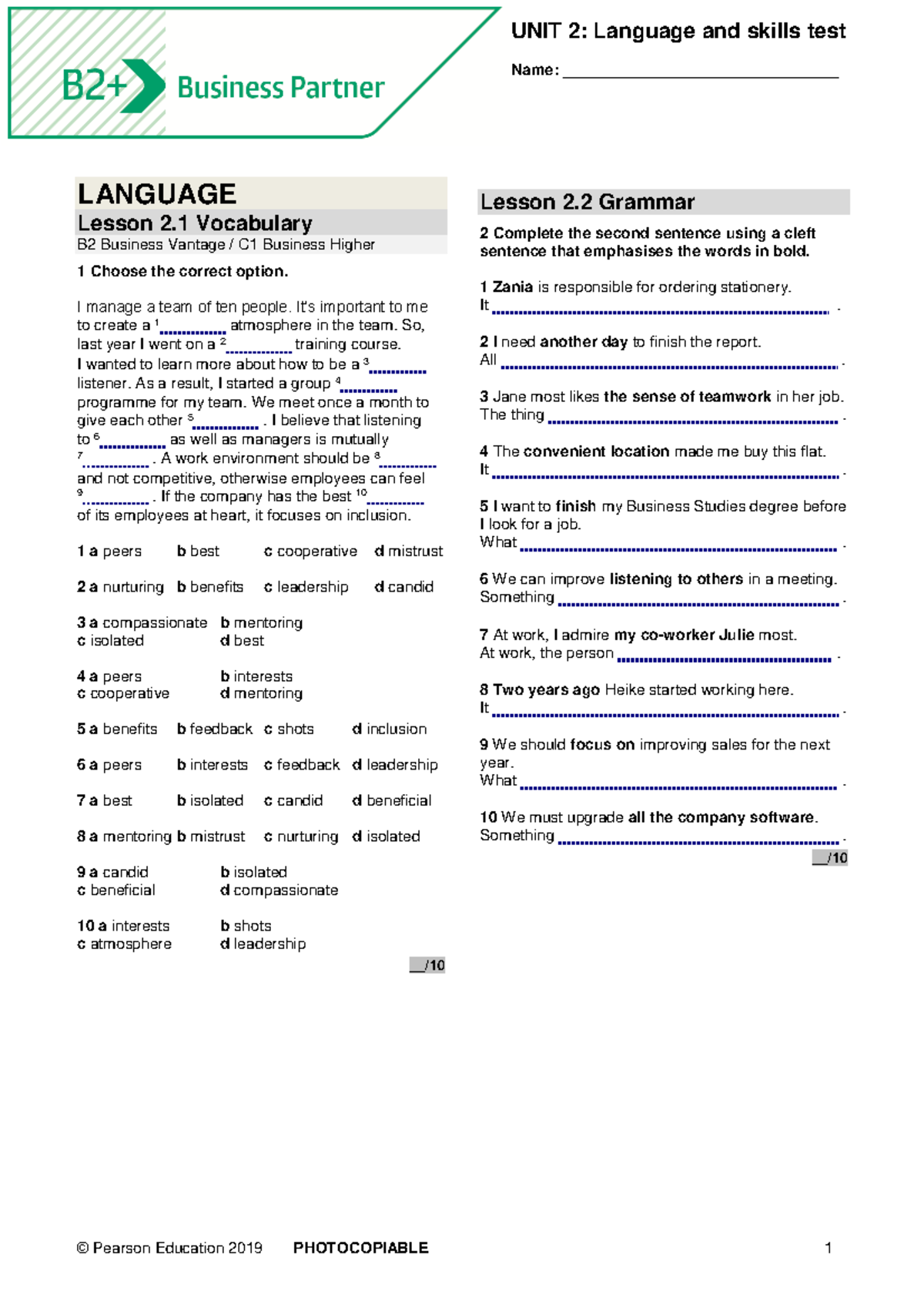 B2 Business Vantage C1 Business Higher Unit 2 Language Skills Test ...