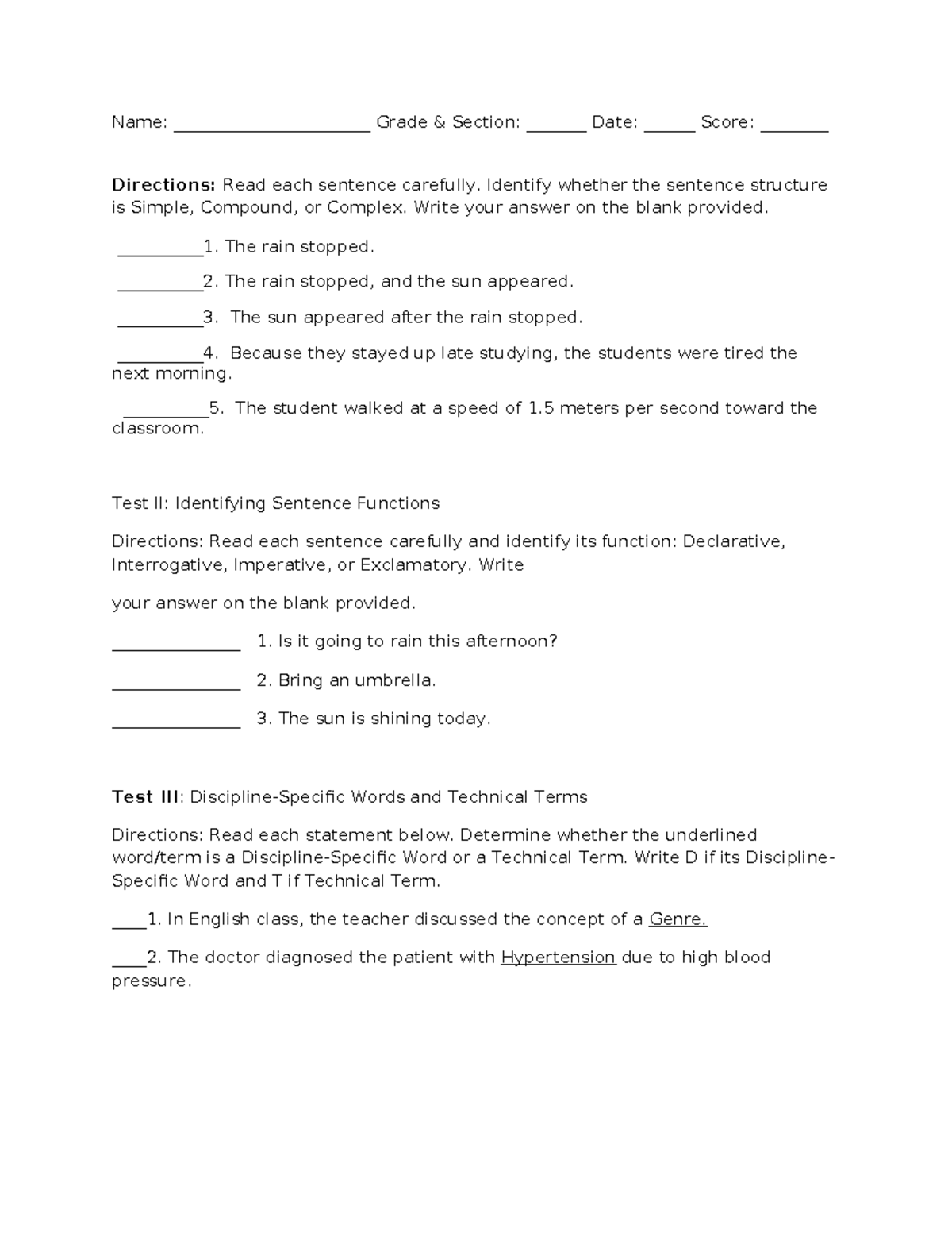 Diction and Style Quiz: Sentence Structure & Functions - Studocu