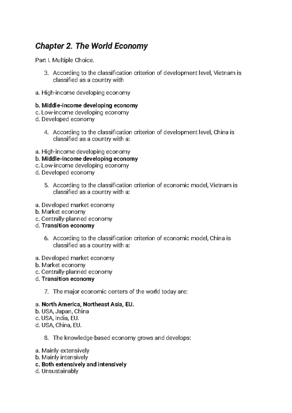 Chapter 2: The World Economy - Multiple Choice Questions (ECON 101 ...