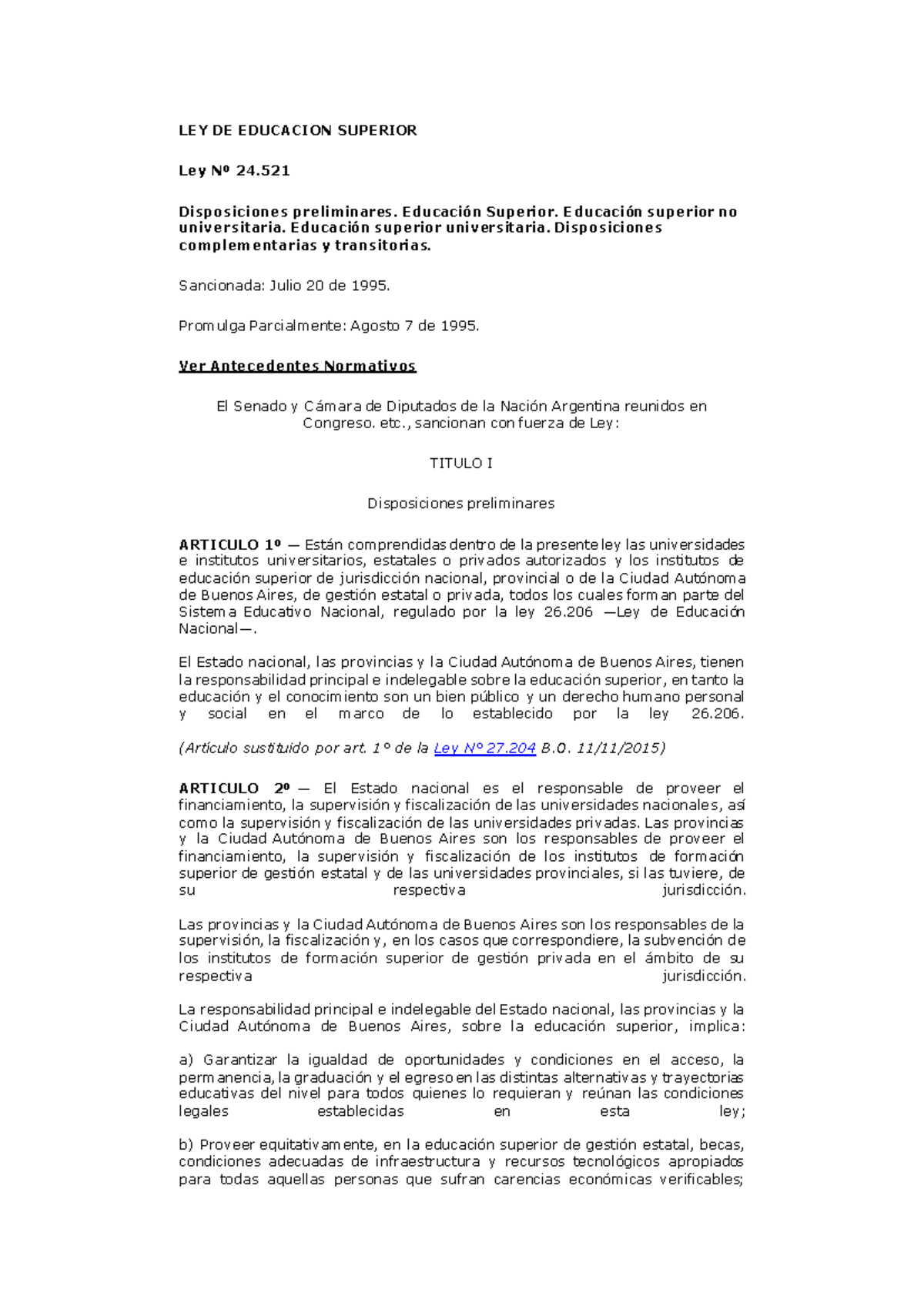Ley de Educación Superior - Ley Nº 24.521 y Disposiciones Clave - Studocu
