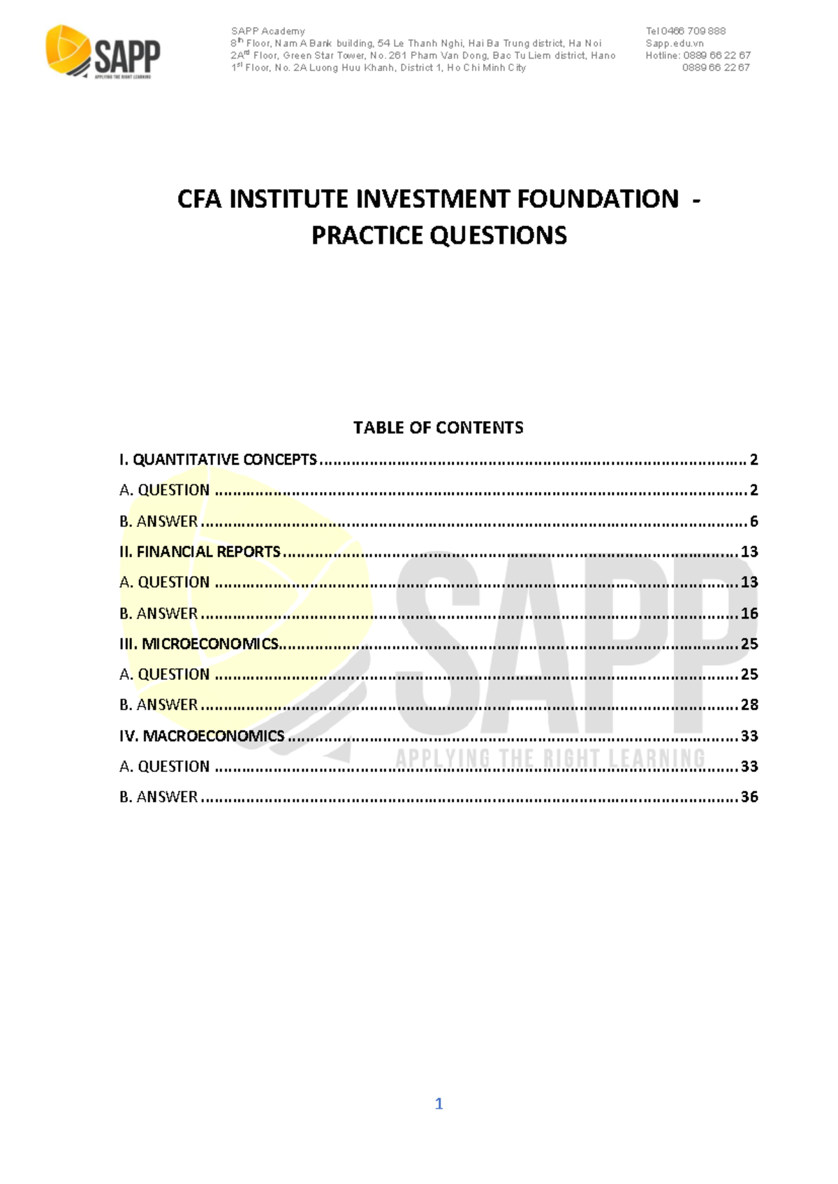 [CFA Foundation] Practice questions - 2A 1 st rdFloor, No. 2A Luong Huu ...