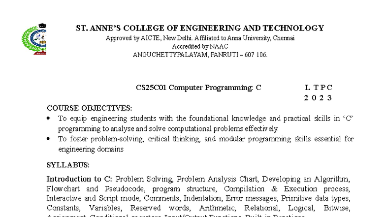 CS25C01 Computer Programming: C Syllabus Overview and Objectives - Studocu