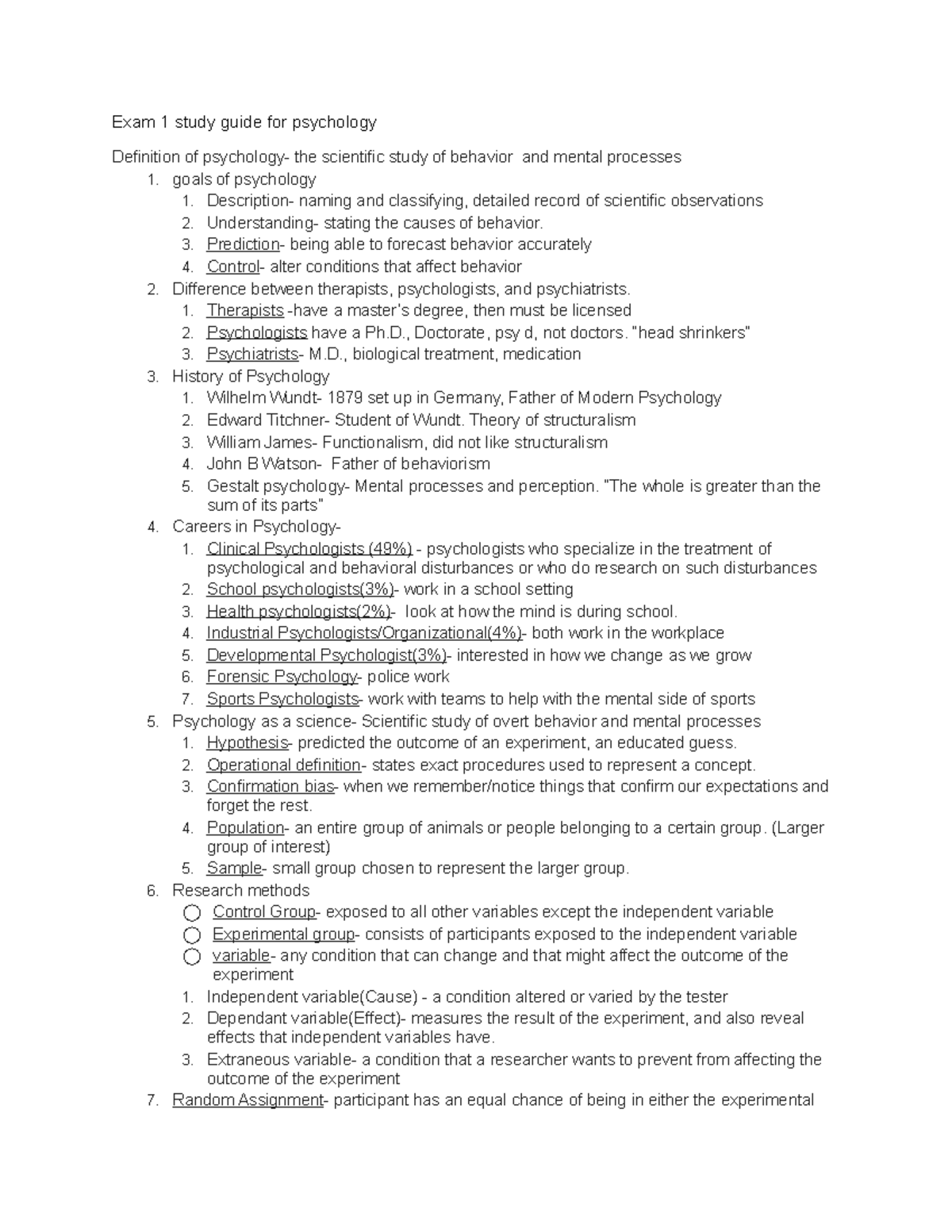 Psychology Exam 1 Study Guide: Key Concepts & Career Insights - Studocu