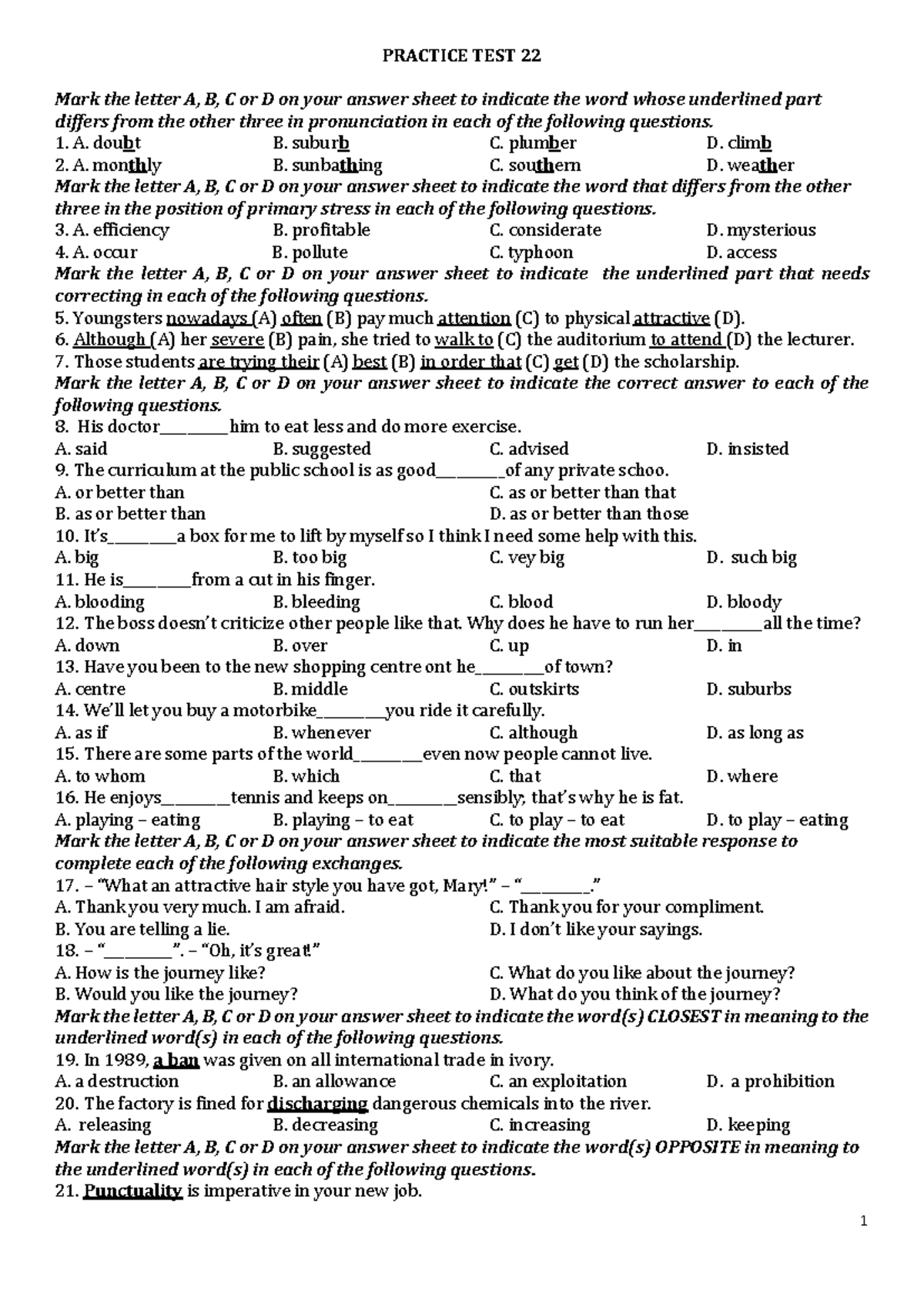 Anh 9 Practice test 22 - PRACTICE TEST 22 Mark the letter A, B, C or D ...