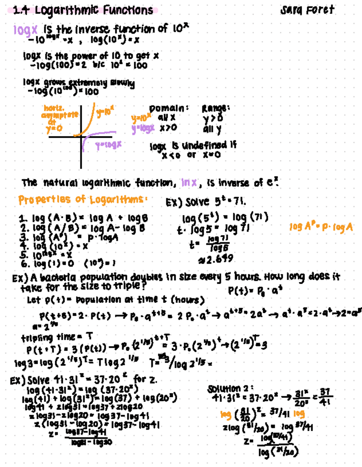 Calculus Notes 1.4: Introduction to Logarithmic Functions - Studocu