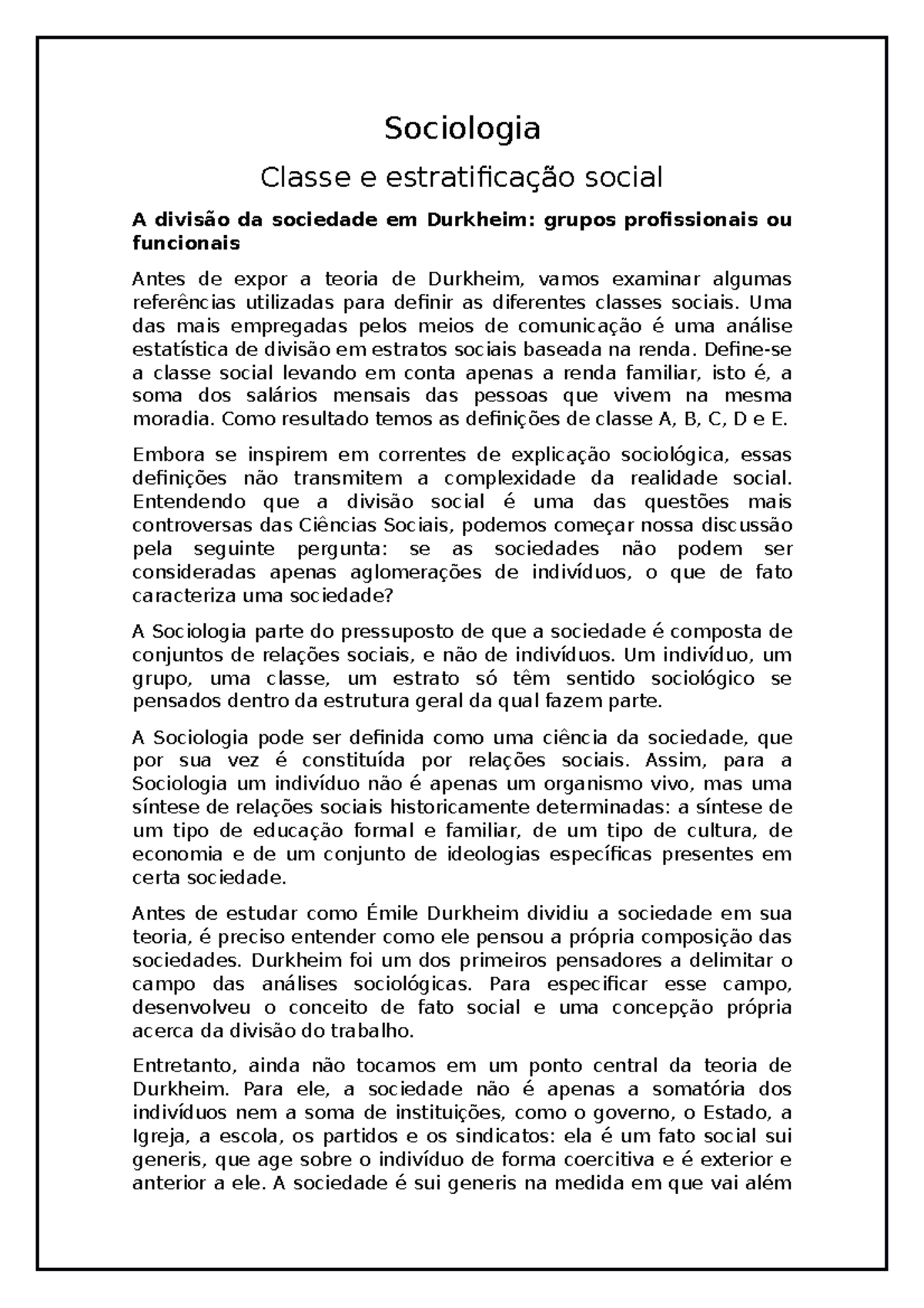 Classe e Estratificação Social em Durkheim: Análise Sociológica - Studocu