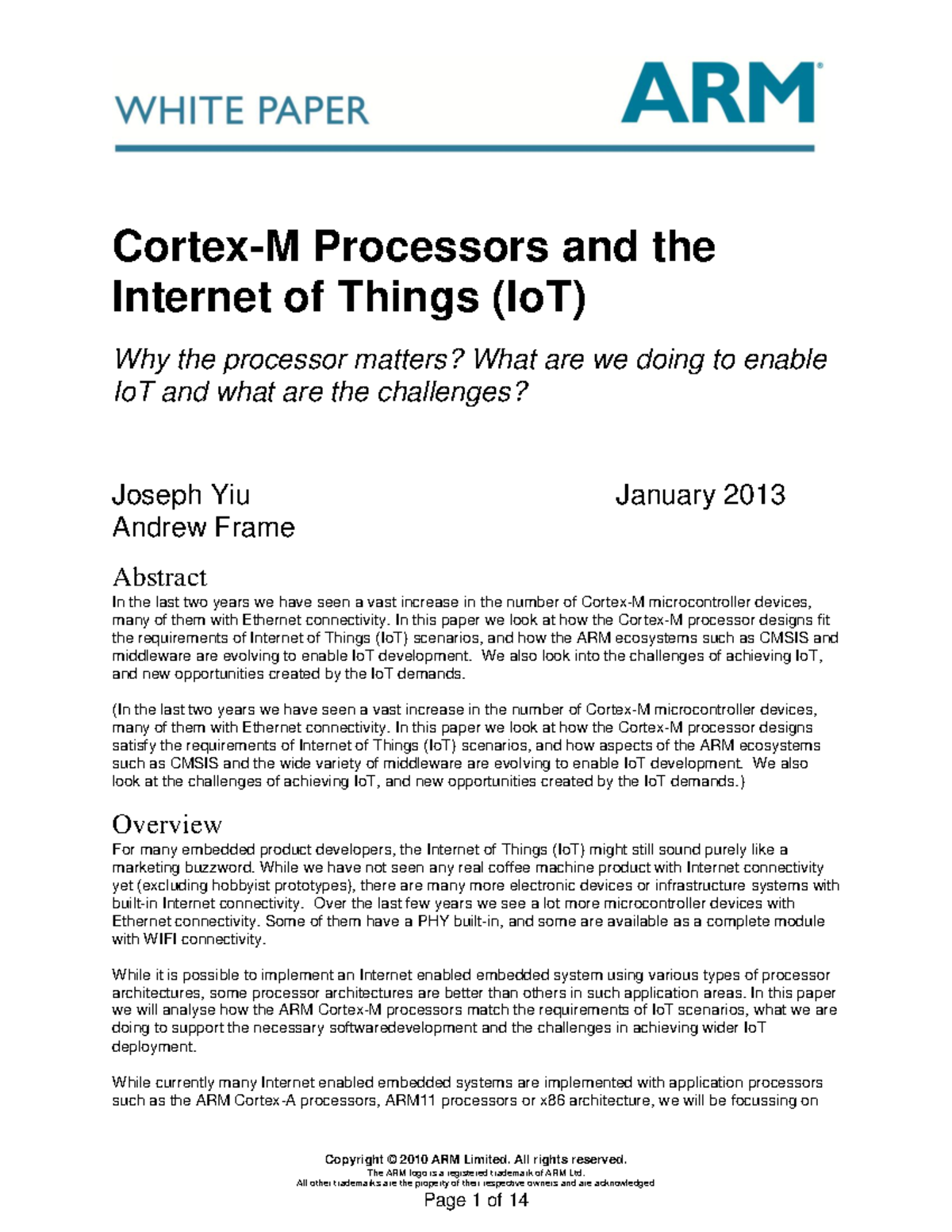 8233.White Paper-Cortex-M Processors & the Io T - Copyright © 2010 ARM ...