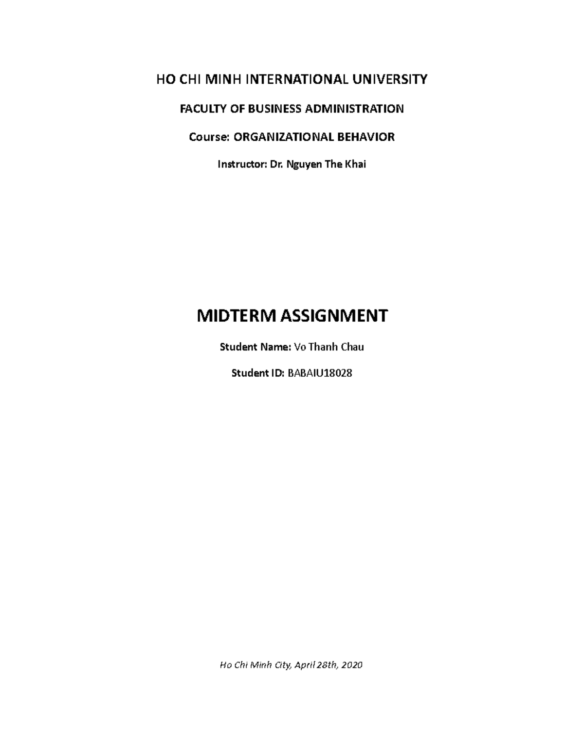 OB mid - Midterm report - HO CHI MINH INTERNATIONAL UNIVERSITY FACULTY ...