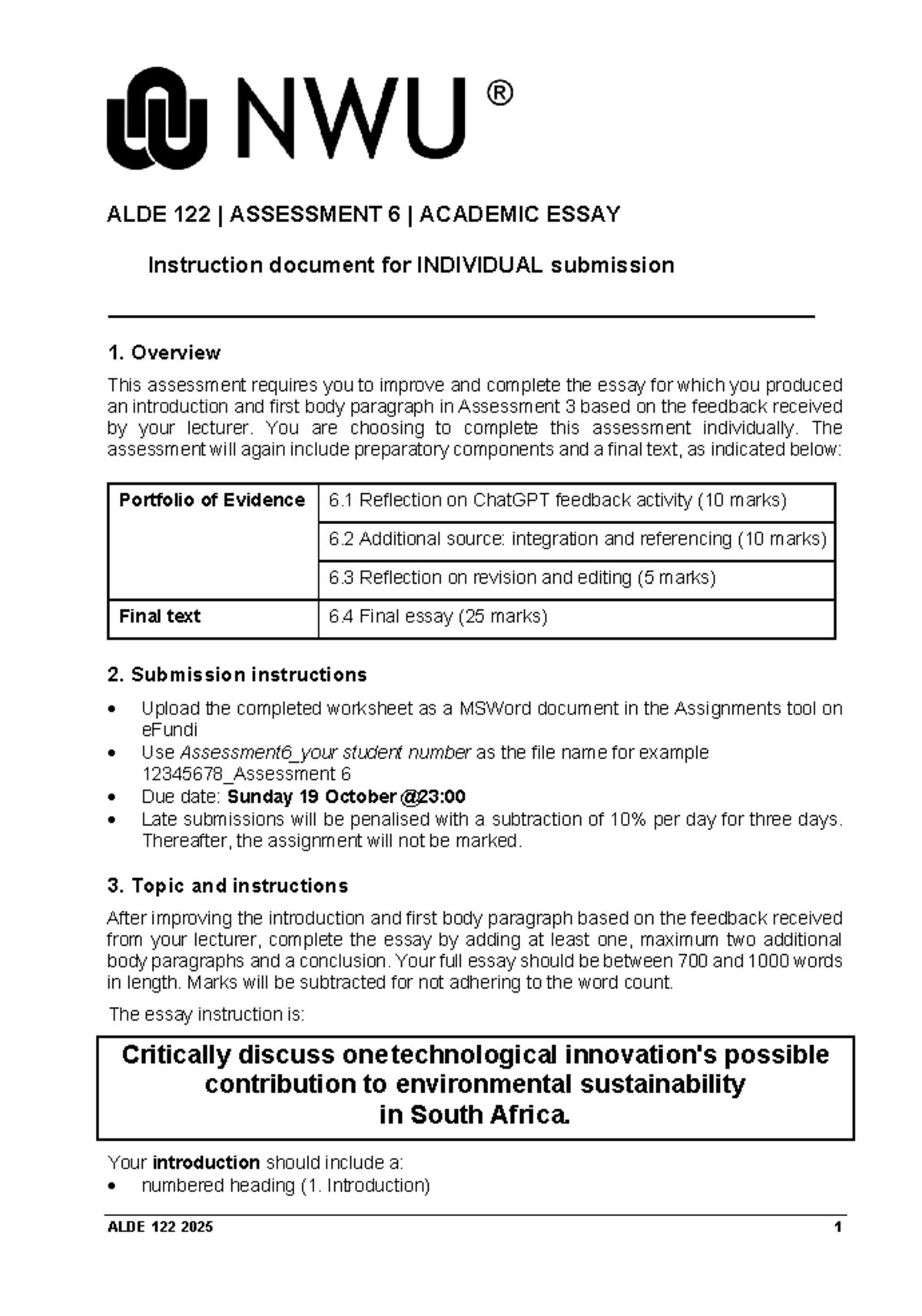 ALDE 122 Assessment 6: Academic Essay Guidelines for Individual ...