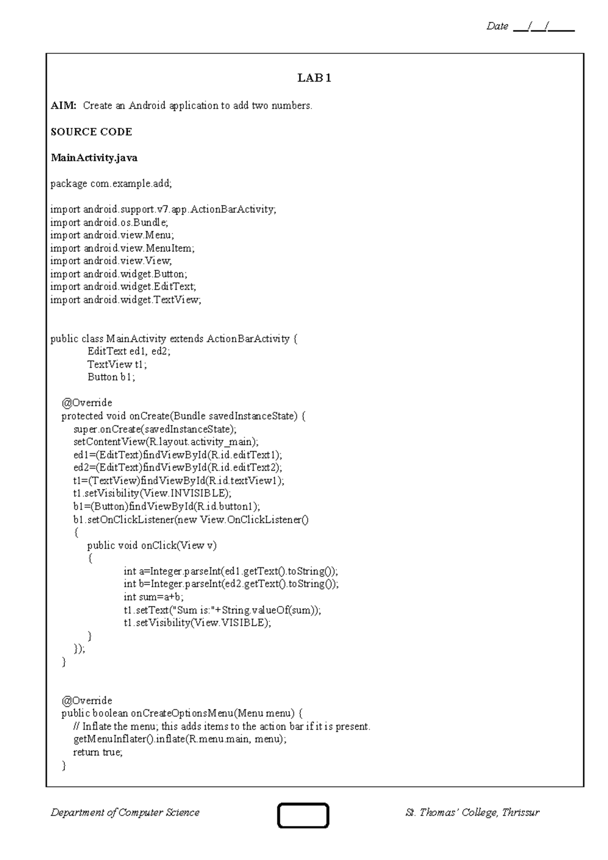 Android Programming LAB Exercises: Source Code & Implementation - Studocu