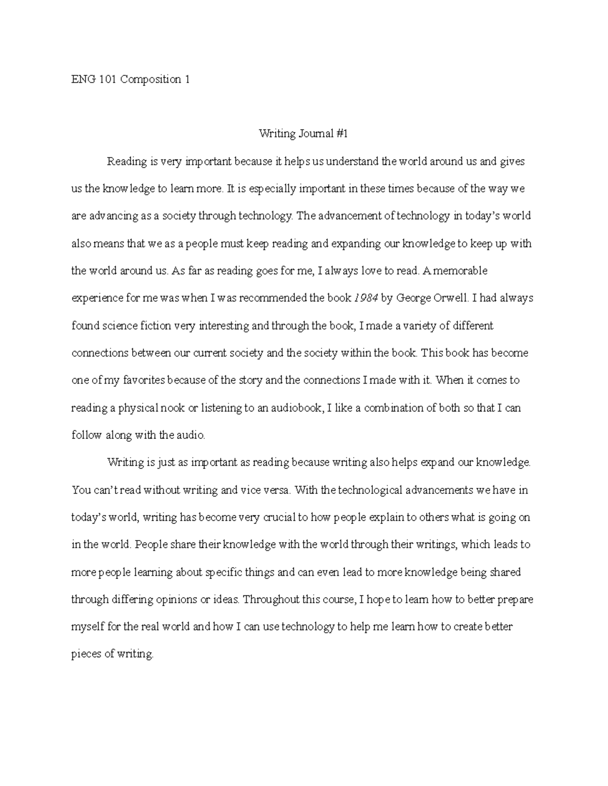 ENG 101 Composition 1 - Writing Journal #1 Reflections - Studocu