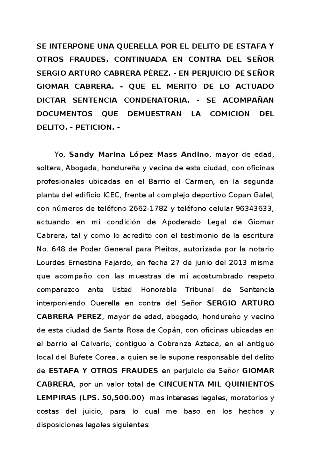 Querella por Estafa y Fraudes en Contra de Sergio A. Cabrera Pérez ...