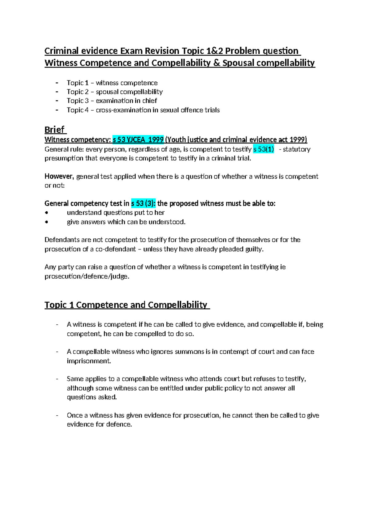 Criminal Evidence Exam Revision: Witness Competence & Compellability ...